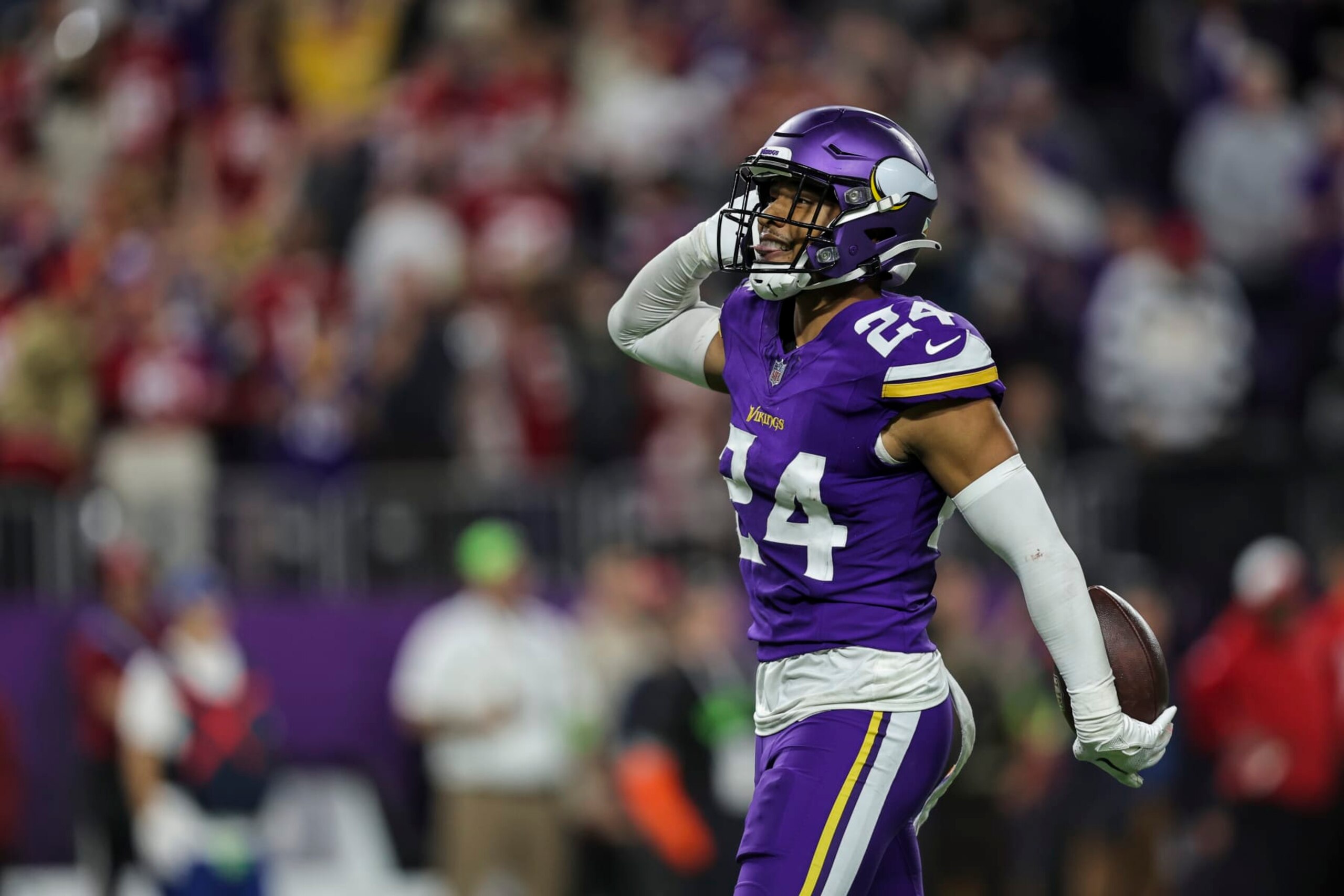 MINNEAPOLIS, MINNESOTA - OCTOBER 23: Camryn Bynum #24 of the Minnesota Vikings celebrates after intercepting a pass during an NFL football game between the Minnesota Vikings and the San Francisco 49ers at U.S. Bank Stadium on October 23, 2023 in Minneapolis, Minnesota. (Photo by Michael Owens/2023 Michael Owens)