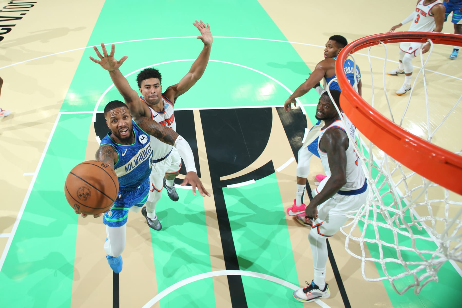 MILWAUKEE, WI - NOVEMBER 3: Damian Lillard #0 of the Milwaukee Bucks shoots the ball during the In Season Tournament against the New York Knicks on November 3, 2023 at the Fiserv Forum Center in Milwaukee, Wisconsin. NOTE TO USER: User expressly acknowledges and agrees that, by downloading and or using this Photograph, user is consenting to the terms and conditions of the Getty Images License Agreement. Mandatory Copyright Notice: Copyright 2023 NBAE (Photo by Gary Dineen/NBAE via Getty Images).