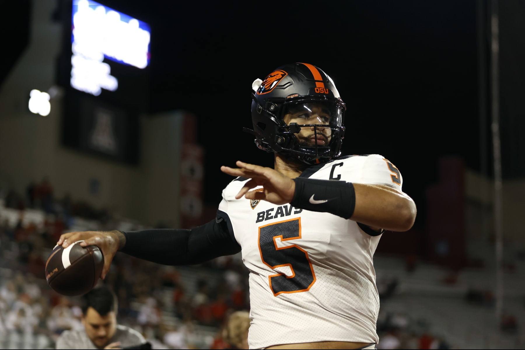 TUCSON, ARIZONA - OCTOBER 28: Quarterback DJ Uiagalelei #5 of the Oregon State Beavers prepares for the game against the Arizona Wildcats at Arizona Stadium on October 28, 2023 in Tucson, Arizona. (Photo by Chris Coduto/Getty Images)