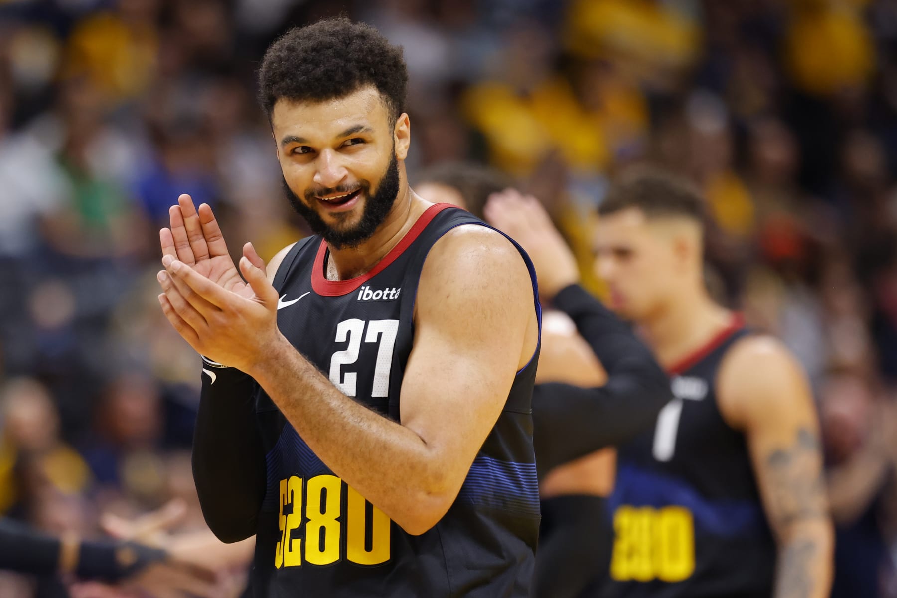 DENVER, COLORADO - NOVEMBER 03: Jamal Murray #27 of the Denver Nuggets celebrates a basket against the Dallas Mavericks during the fourth quarter during the NBA In-Season Tournament at Ball Arena on November 3, 2023 in Denver, Colorado. NOTE TO USER: User expressly acknowledges and agrees that, by downloading and or using this photograph, User is consenting to the terms and conditions of the Getty Images License Agreement. (Photo by C. Morgan Engel/Getty Images)