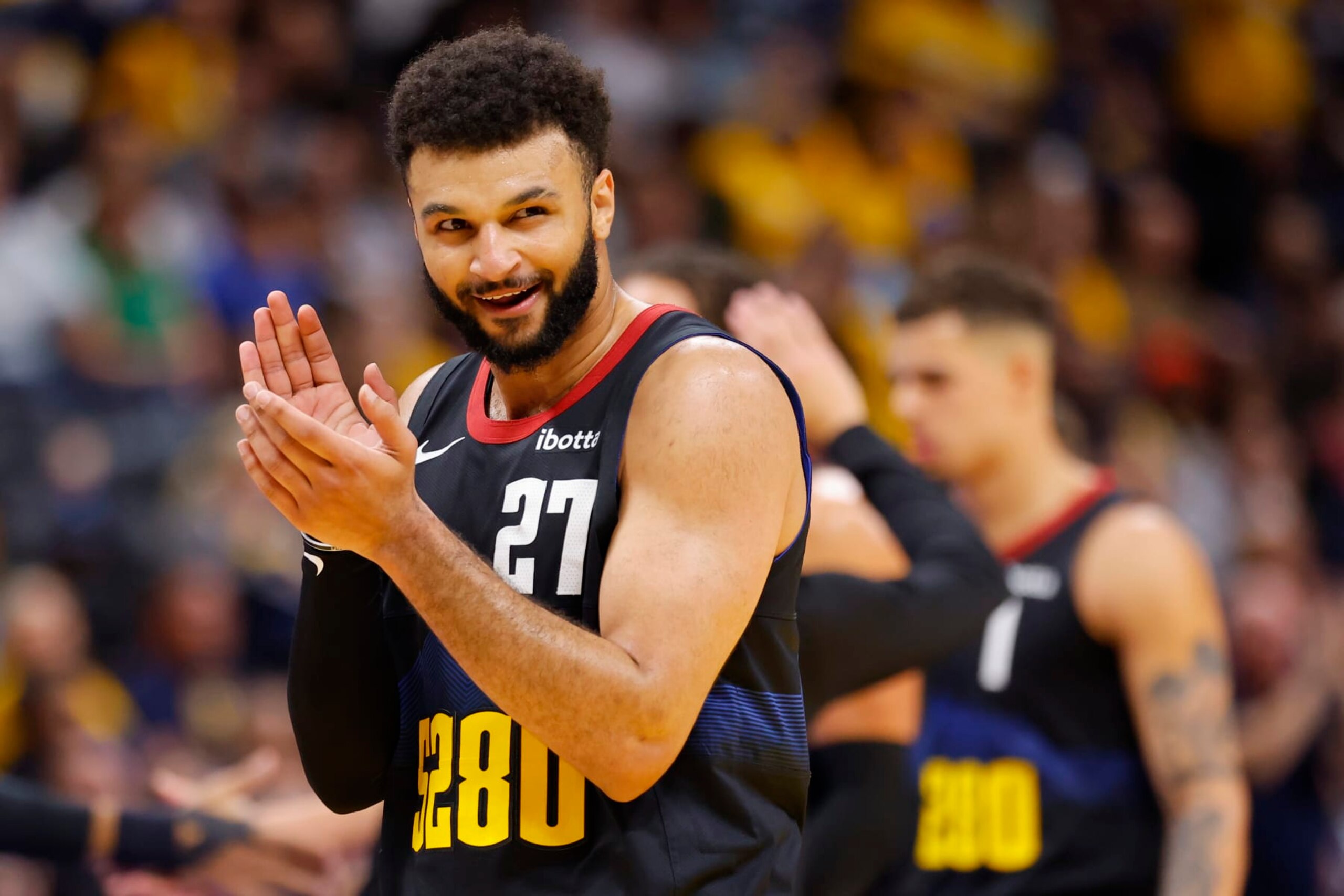 DENVER, COLORADO - NOVEMBER 03: Jamal Murray #27 of the Denver Nuggets celebrates a basket against the Dallas Mavericks during the fourth quarter during the NBA In-Season Tournament at Ball Arena on November 3, 2023 in Denver, Colorado. NOTE TO USER: User expressly acknowledges and agrees that, by downloading and or using this photograph, User is consenting to the terms and conditions of the Getty Images License Agreement. (Photo by C. Morgan Engel/Getty Images)