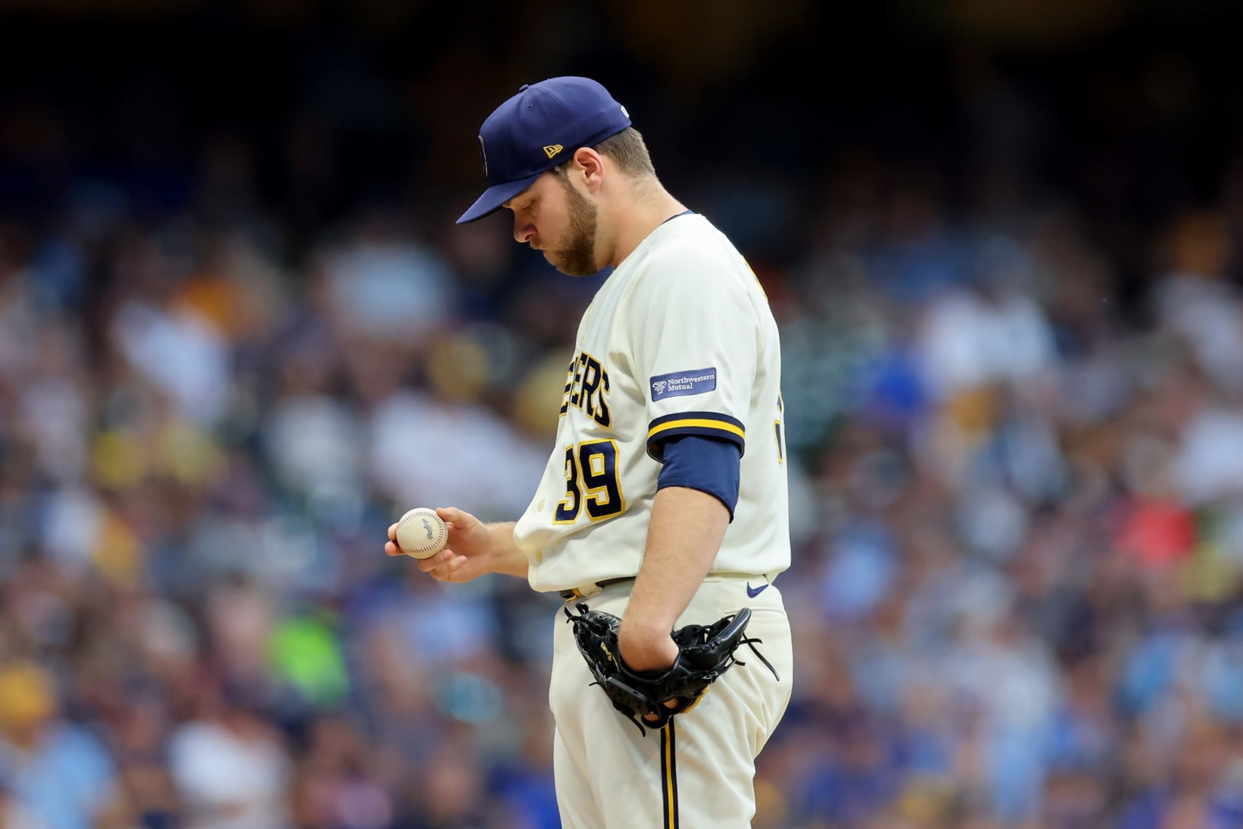 MILWAUKEE, WISCONSIN - OCTOBER 03: Corbin Burnes #39 of the Milwaukee Brewers stands on the mound in the first inning against the Arizona Diamondbacks during Game One of the Wild Card Series at American Family Field on October 03, 2023 in Milwaukee, Wisconsin. (Photo by Stacy Revere/Getty Images)
