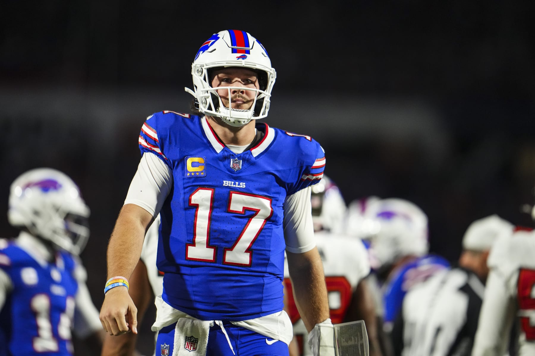 ORCHARD PARK, NY - OCTOBER 26: Josh Allen #17 of the Buffalo Bills walks across the field during an NFL football game against the Tampa Bay Buccaneers at Highmark Stadium on October 26, 2023 in Orchard Park, New York. (Photo by Cooper Neill/Getty Images)