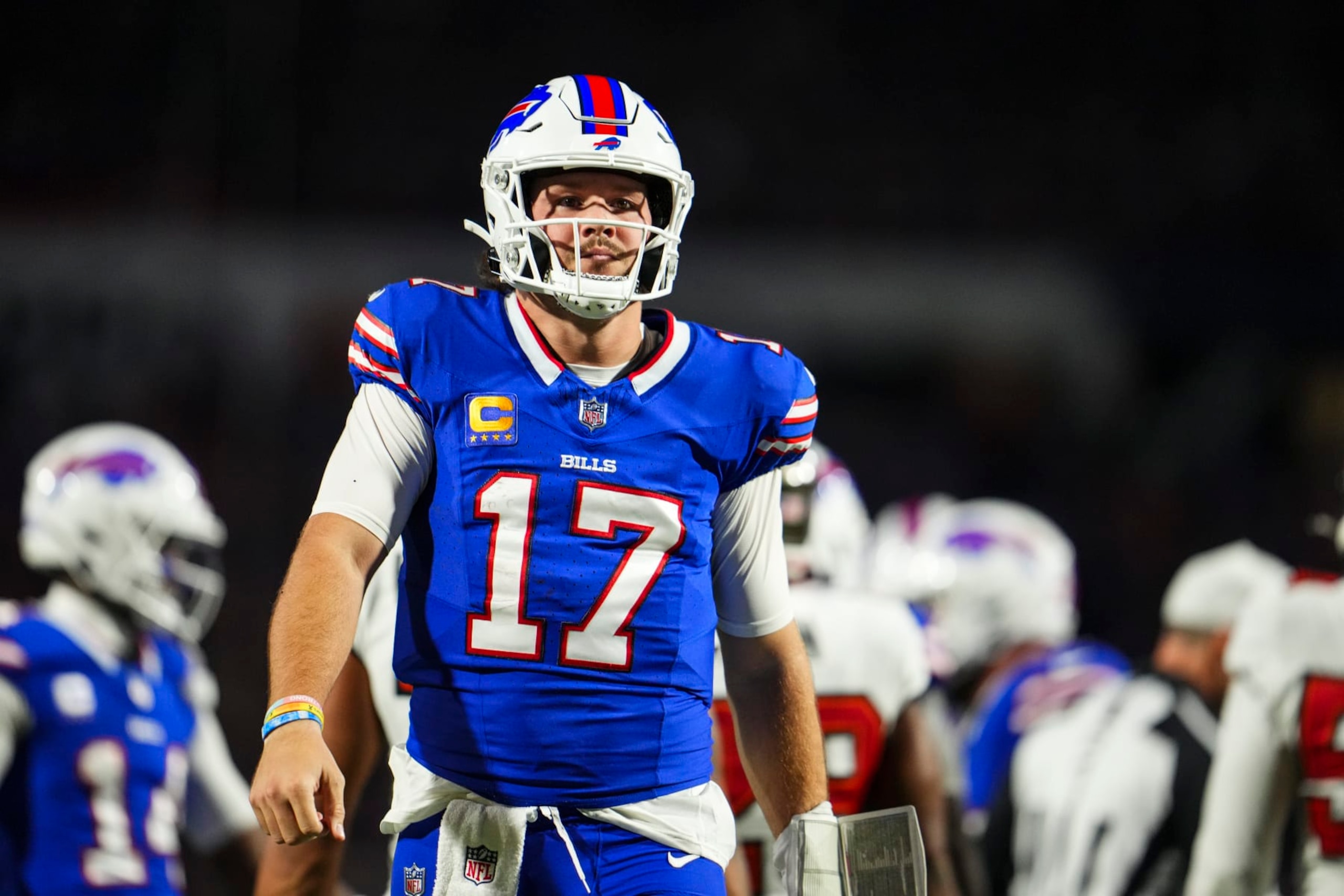 ORCHARD PARK, NY - OCTOBER 26: Josh Allen #17 of the Buffalo Bills walks across the field during an NFL football game against the Tampa Bay Buccaneers at Highmark Stadium on October 26, 2023 in Orchard Park, New York. (Photo by Cooper Neill/Getty Images)