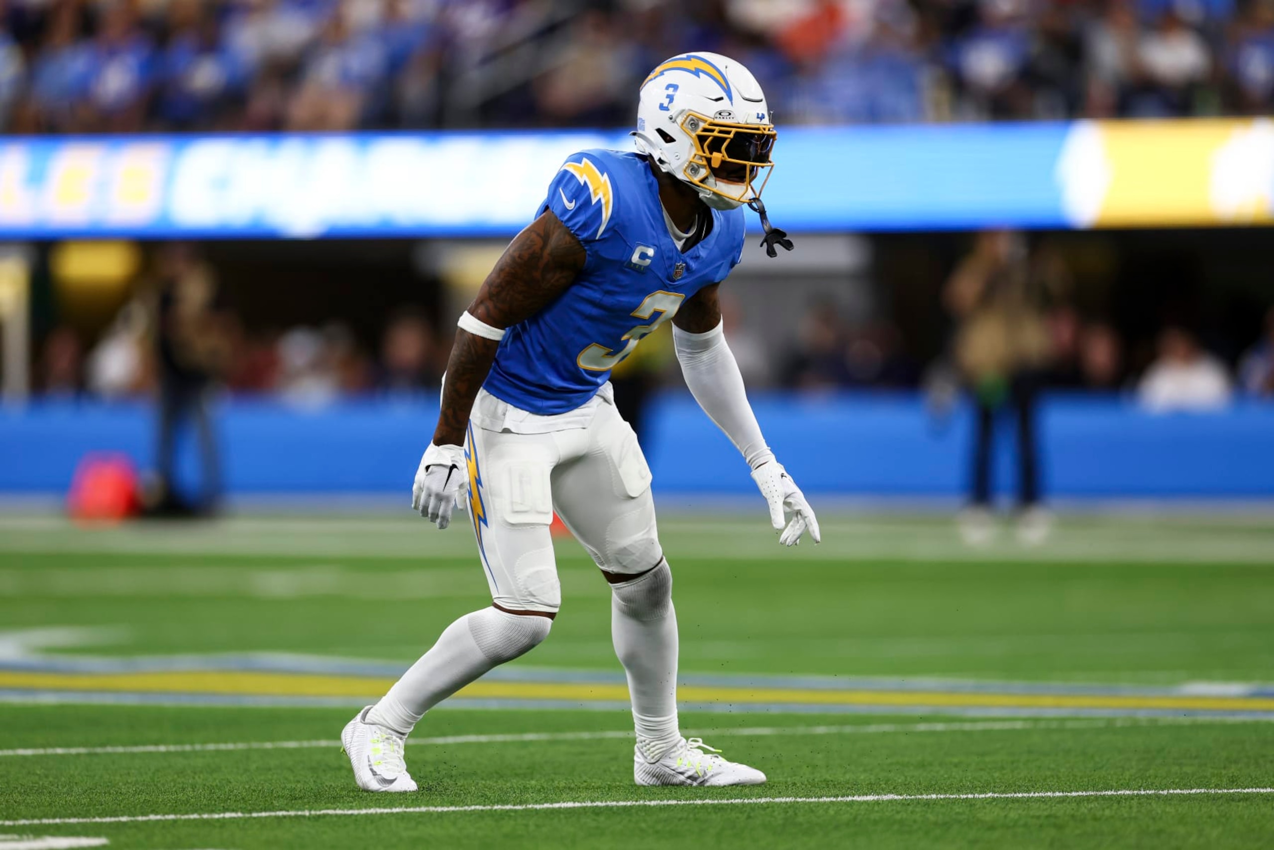INGLEWOOD, CA - OCTOBER 29: Derwin James Jr. #3 of the Los Angeles Chargers defends in pass coverage during an NFL football game against the Chicago Bears at SoFi Stadium on October 29, 2023 in Inglewood, California. (Photo by Kevin Sabitus/Getty Images)