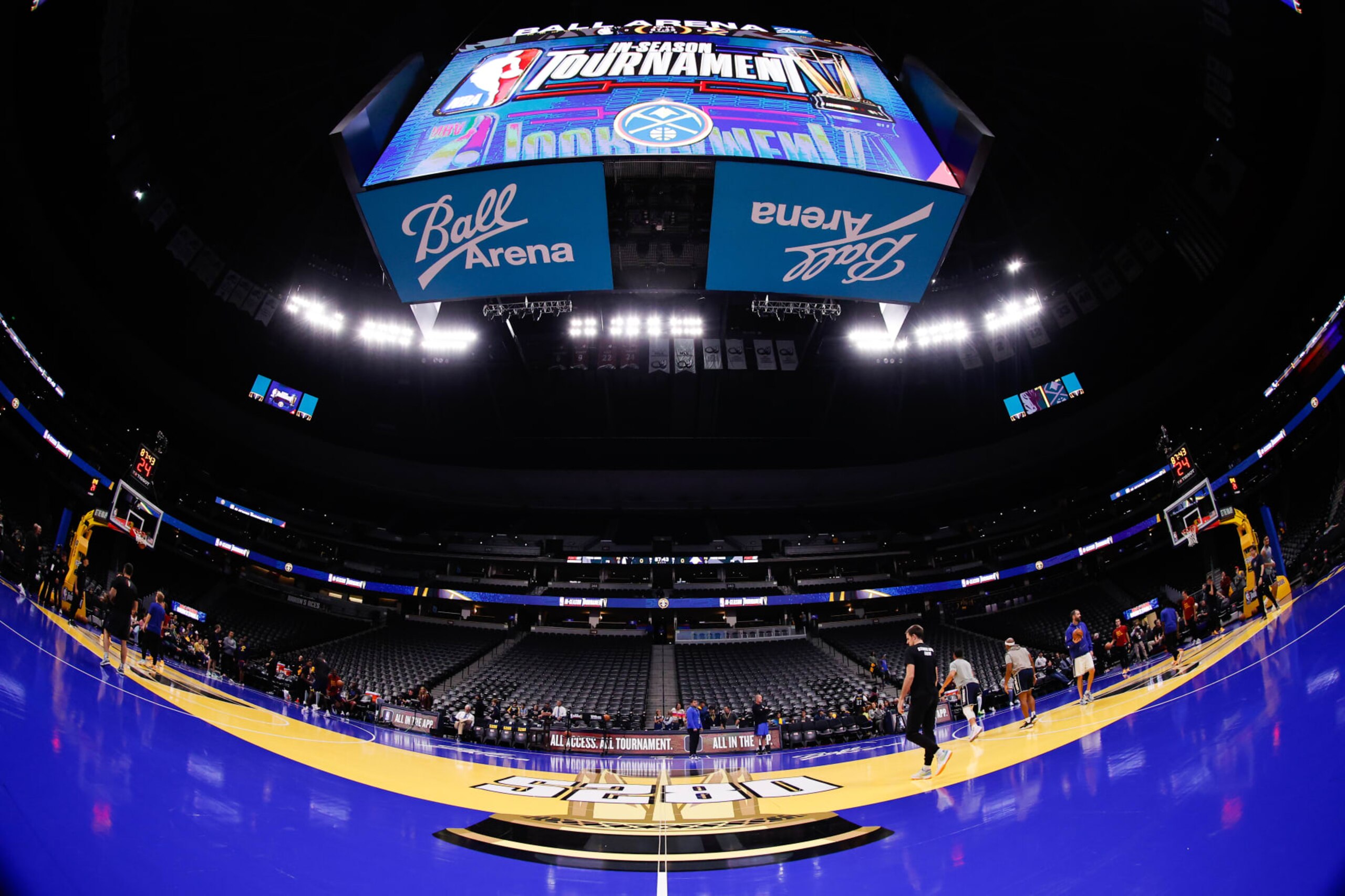 DENVER, COLORADO - NOVEMBER 3: (EDITORS NOTE: This image was shot with a fisheye lens.) The court is seen before the game between the Denver Nuggets and the Dallas Mavericks during the NBA In-Season Tournament at Ball Arena on November 3, 2023 in Denver, Colorado. NOTE TO USER: User expressly acknowledges and agrees that, by downloading and or using this photograph, User is consenting to the terms and conditions of the Getty Images License Agreement. (Photo by C. Morgan Engel/Getty Images) DENVER, COLORADO - NOVEMBER 3: (EDITORS NOTE: This image was shot with a fisheye lens.) The court is seen before the game between the Denver Nuggets and the Dallas Mavericks during the NBA In-Season Tournament at Ball Arena on November 3, 2023 in Denver, Colorado. NOTE TO USER: User expressly acknowledges and agrees that, by downloading and or using this photograph, User is consenting to the terms and conditions of the Getty Images License Agreement. (Photo by C. Morgan Engel/Getty Images)