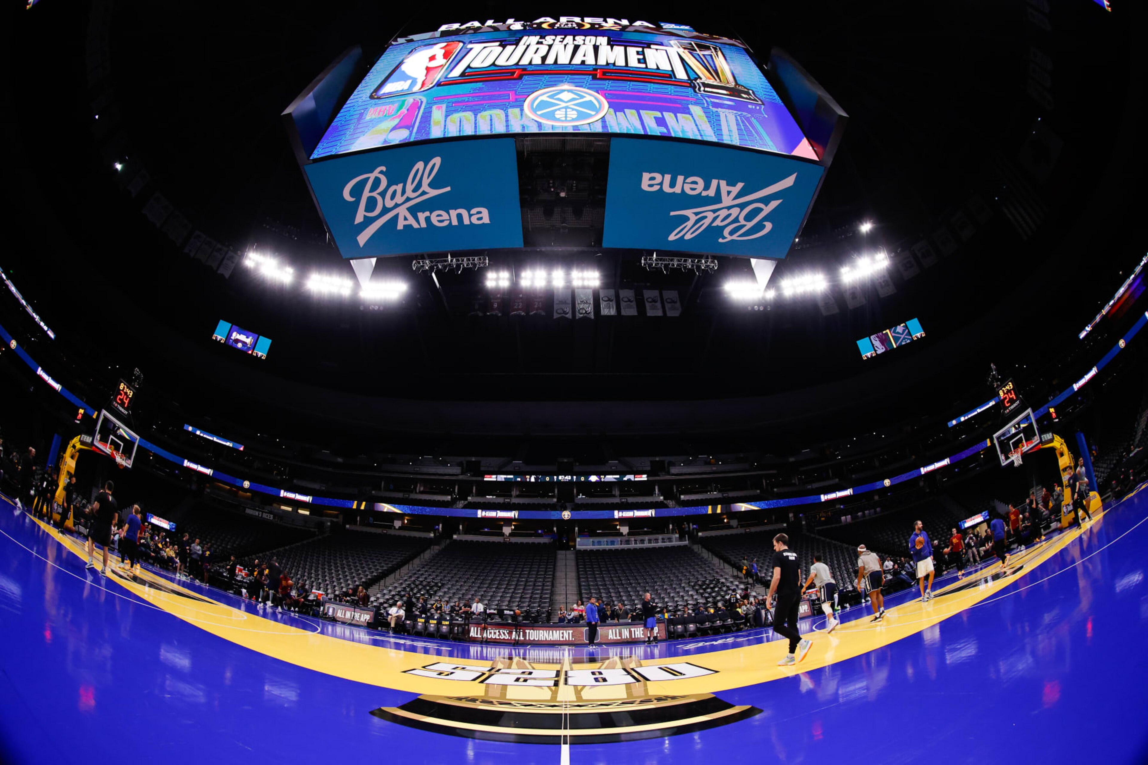 DENVER, COLORADO - NOVEMBER 3: (EDITORS NOTE: This image was shot with a fisheye lens.) The court is seen before the game between the Denver Nuggets and the Dallas Mavericks during the NBA In-Season Tournament at Ball Arena on November 3, 2023 in Denver, Colorado. NOTE TO USER: User expressly acknowledges and agrees that, by downloading and or using this photograph, User is consenting to the terms and conditions of the Getty Images License Agreement. (Photo by C. Morgan Engel/Getty Images)