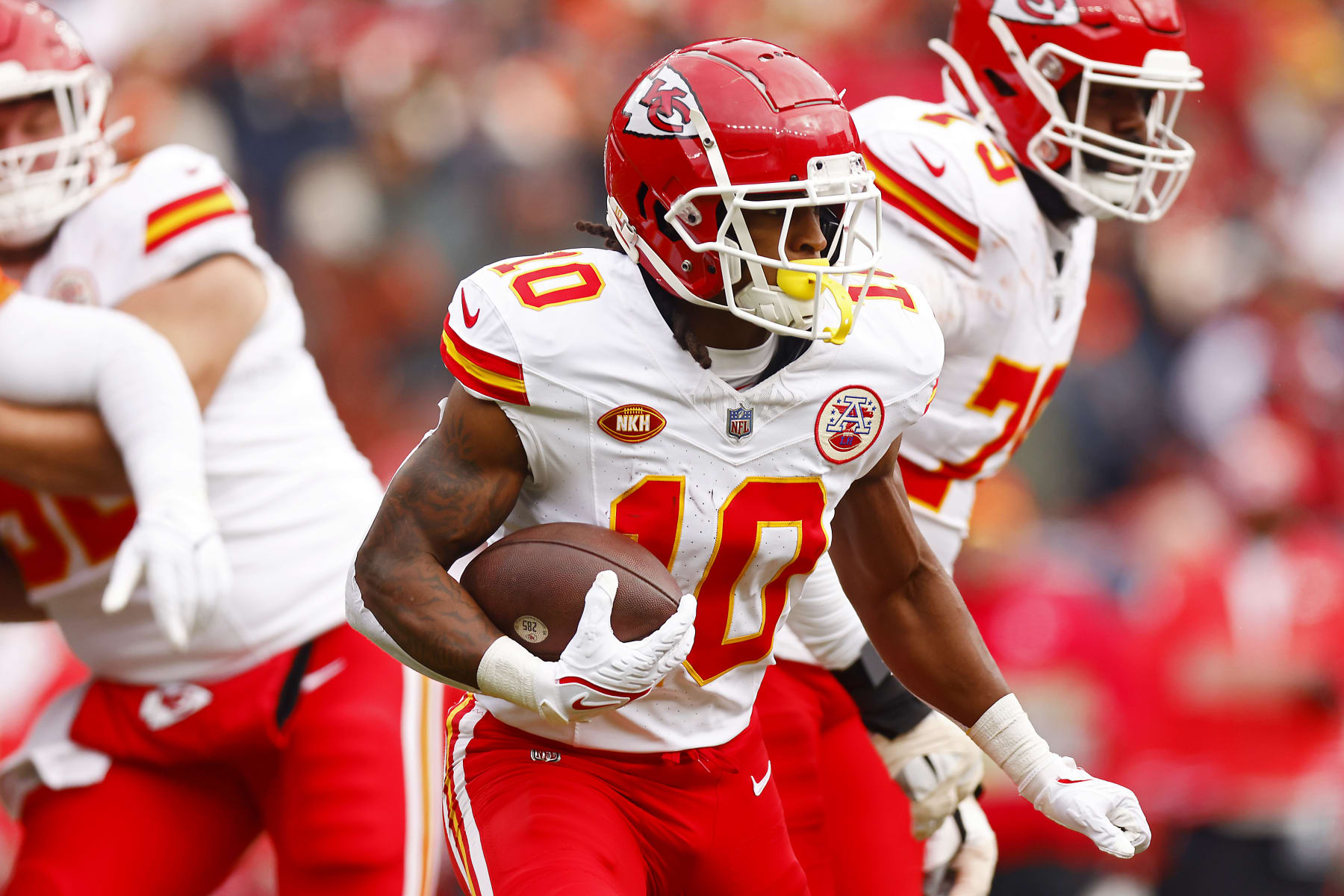 DENVER, COLORADO - OCTOBER 29: Isiah Pacheco #10 of the Kansas City Chiefs runs the ball during the first quarter against the Denver Broncos at Empower Field At Mile High on October 29, 2023 in Denver, Colorado. (Photo by Justin Edmonds/Getty Images)