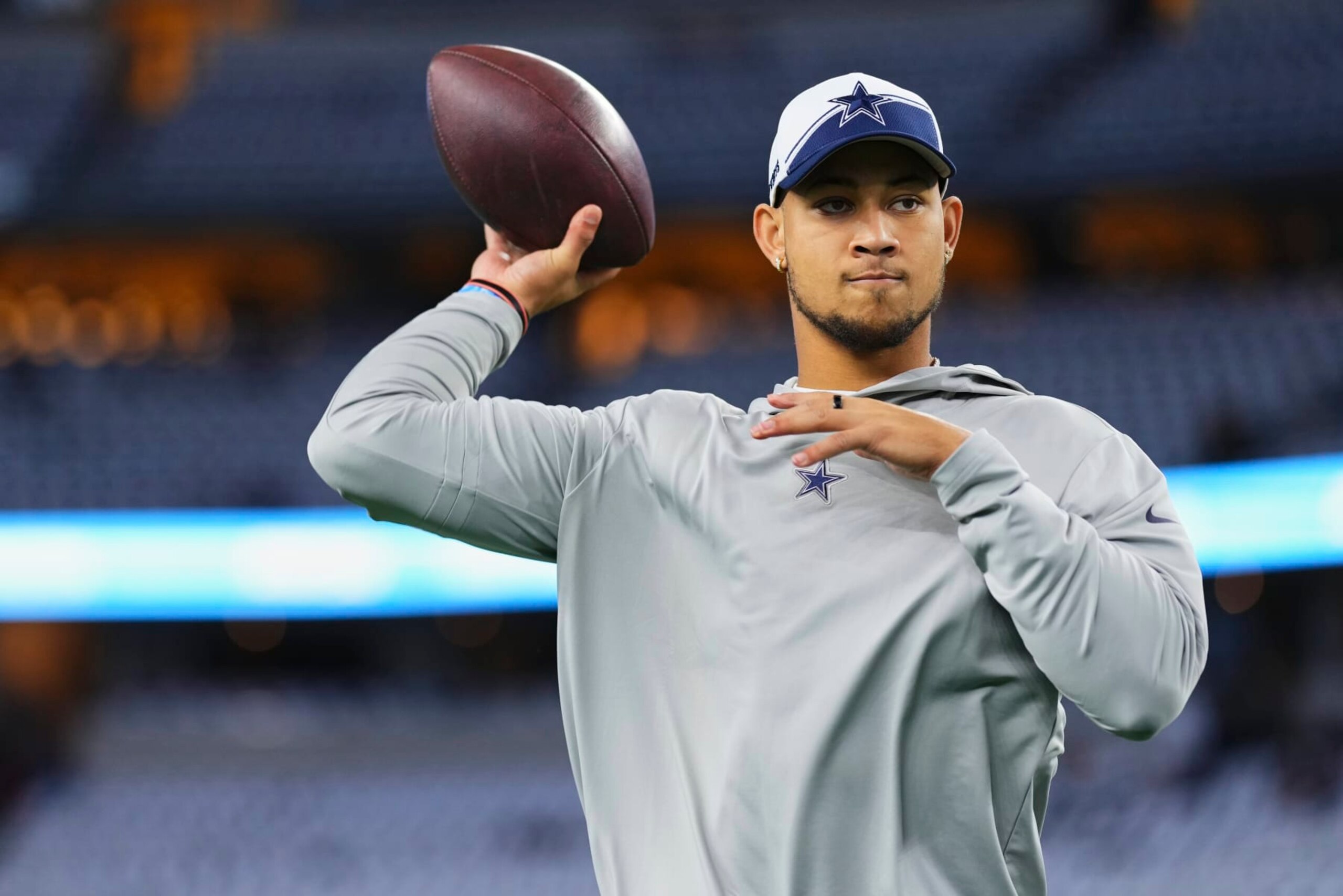 ARLINGTON, TX - OCTOBER 29: Trey Lance #15 of the Dallas Cowboys warms up before kickoff against the Los Angeles Rams at AT&T Stadium on October 29, 2023 in Arlington, Texas. (Photo by Cooper Neill/Getty Images)