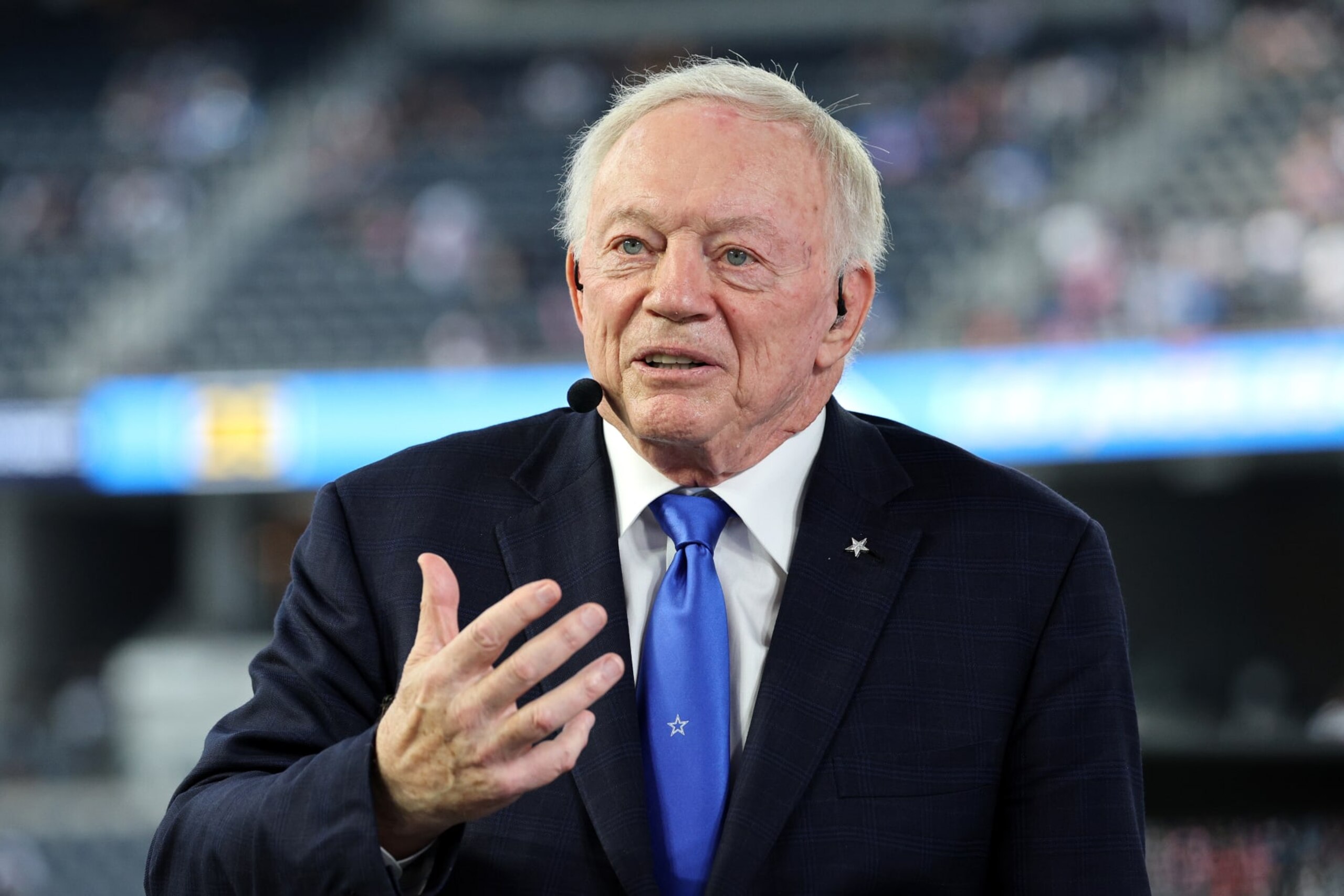INGLEWOOD, CALIFORNIA - OCTOBER 16: Dallas Cowboys owner and general manager Jerry Jones speaks on the ESPN set before the game between the Dallas Cowboys and the Los Angeles Chargers at SoFi Stadium on October 16, 2023 in Inglewood, California. (Photo by Kevork Djansezian/Getty Images)