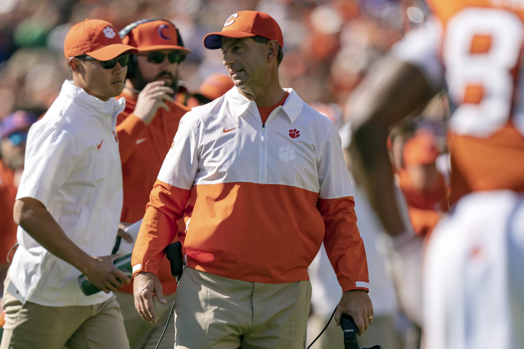 Clemson head coach Dabo Swinney looks on during the first half of an NCAA college football game against Notre Dame, Saturday, Nov. 4, 2023, in Clemson, S.C. (AP Photo/Jacob Kupferman)