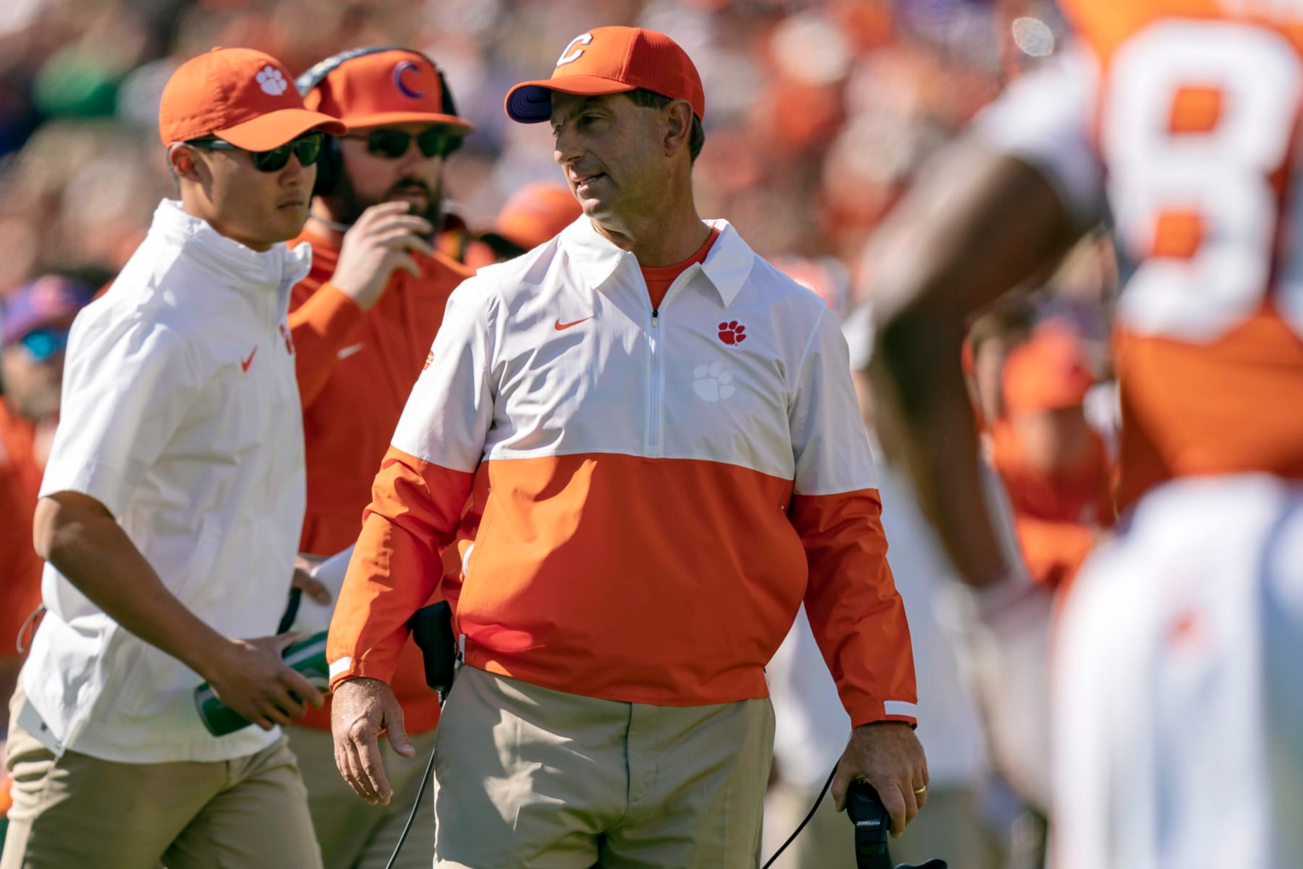 Clemson head coach Dabo Swinney looks on during the first half of an NCAA college football game against Notre Dame, Saturday, Nov. 4, 2023, in Clemson, S.C. (AP Photo/Jacob Kupferman)