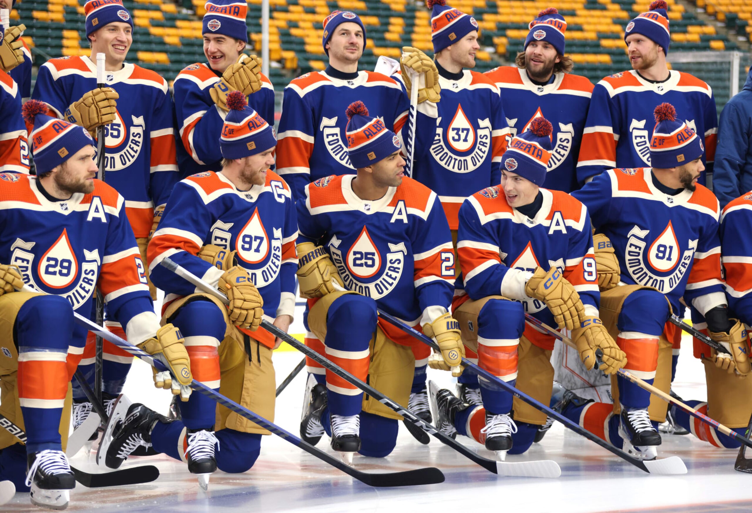 EDMONTON, ALBERTA - OCTOBER 28: Connor McDavid #97 and his Edmonton Oilers teammates pose for a team photo before practice at Commonwealth Stadium on October 28, 2023 in Edmonton, Alberta. (Photo by Dave Sandford/NHLI via Getty Images)