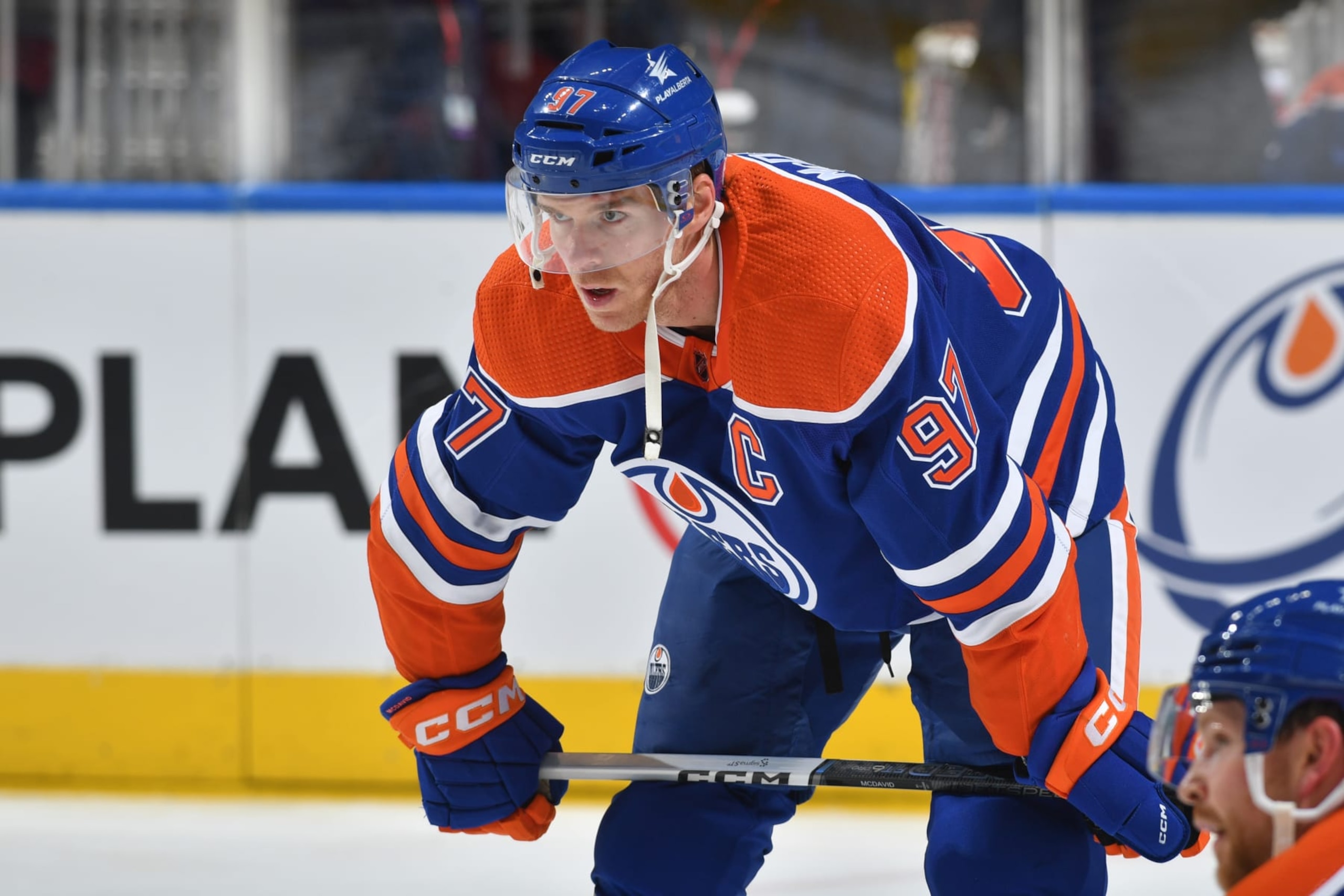 EDMONTON, CANADA - NOVEMBER 04: Connor McDavid #97 of the Edmonton Oilers participates in warm ups before the game against the Nashville Predators at Rogers Place on November 4, 2023, in Edmonton, Alberta, Canada. (Photo by Andy Devlin/NHLI via Getty Images)