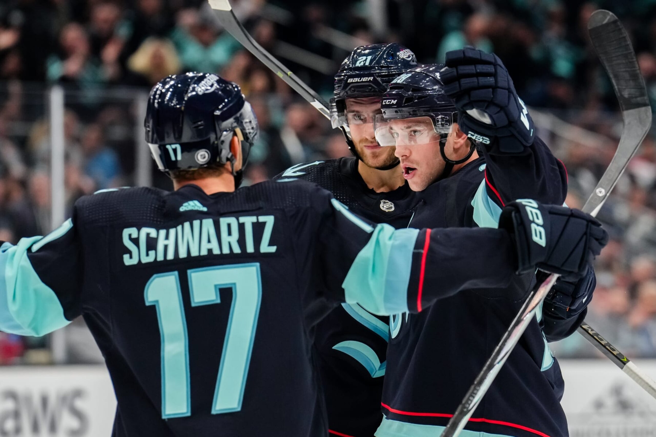 SEATTLE, WASHINGTON - NOVEMBER 02: Vince Dunn #29 of the Seattle Kraken celebrates with teammates after scoring a goal during the third period of a game against the Nashville Predators at Climate Pledge Arena on November 2, 2023 in Seattle, Washington. (Photo by Christopher Mast/NHLI via Getty Images)