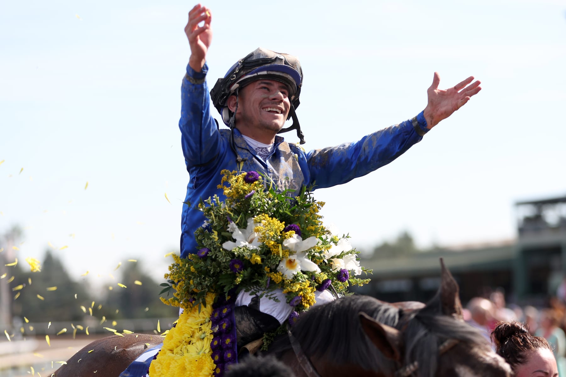 ARCADIA, CALIFORNIA - NOVEMBER 04:  Junior Alvarado aboard Cody's Wish celebrates after winning the Big Ass Fans Breeders' Cup Dirt Mile race at Santa Anita Park on November 04, 2023 in Arcadia, California. (Photo by Sean M. Haffey/Getty Images)