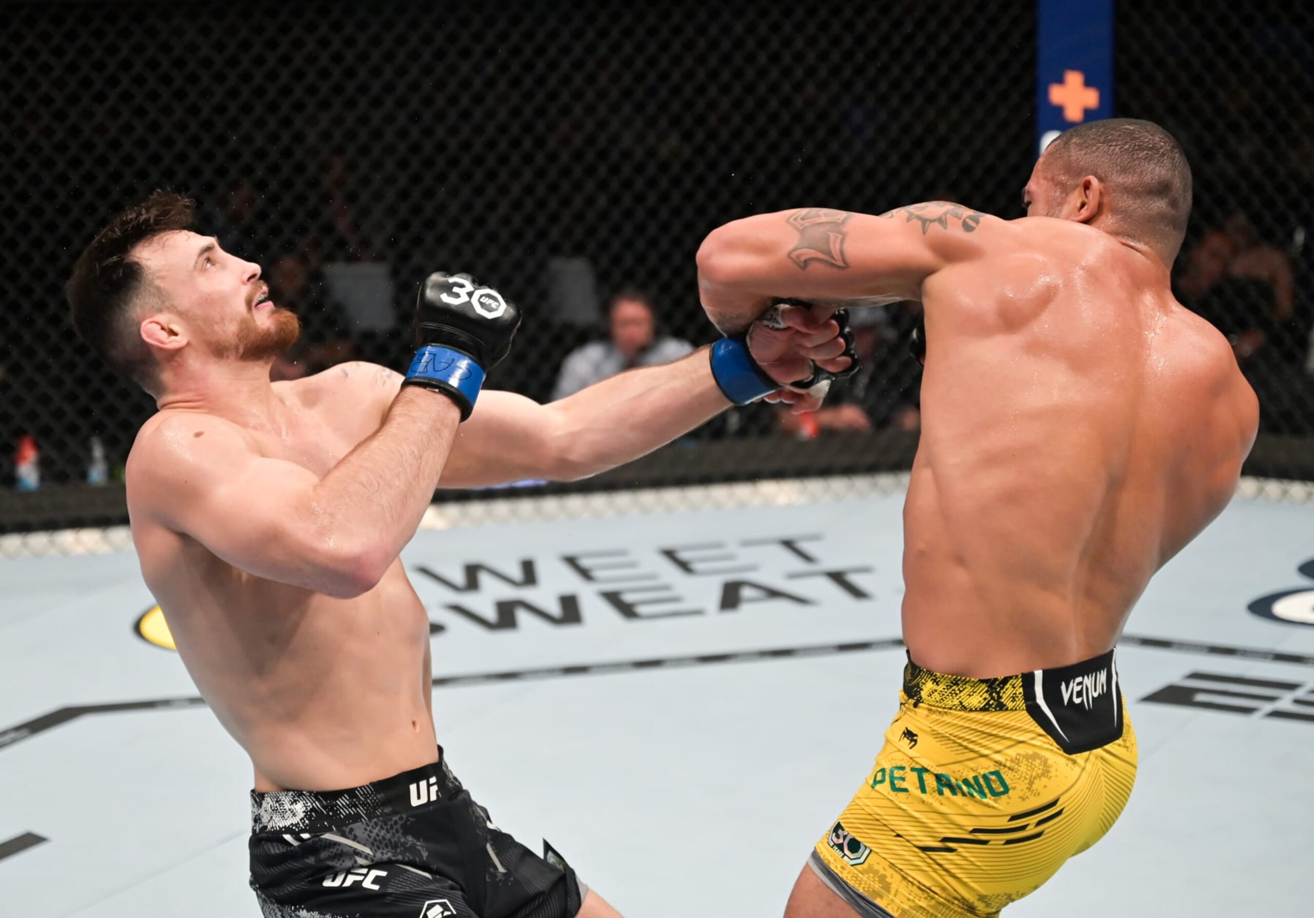 SAO PAULO, BRAZIL - NOVEMBER 04: (R-L) Vitor Petrino of Brazil knocks out Modestas Bukauskas of Lithuania in a light heavyweight fight during the UFC Fight Night event at Ibirapuera Gymnasium on November 04, 2023 in Sao Paulo, Brazil. (Photo by Pedro Vilela/Zuffa LLC via Getty Images)