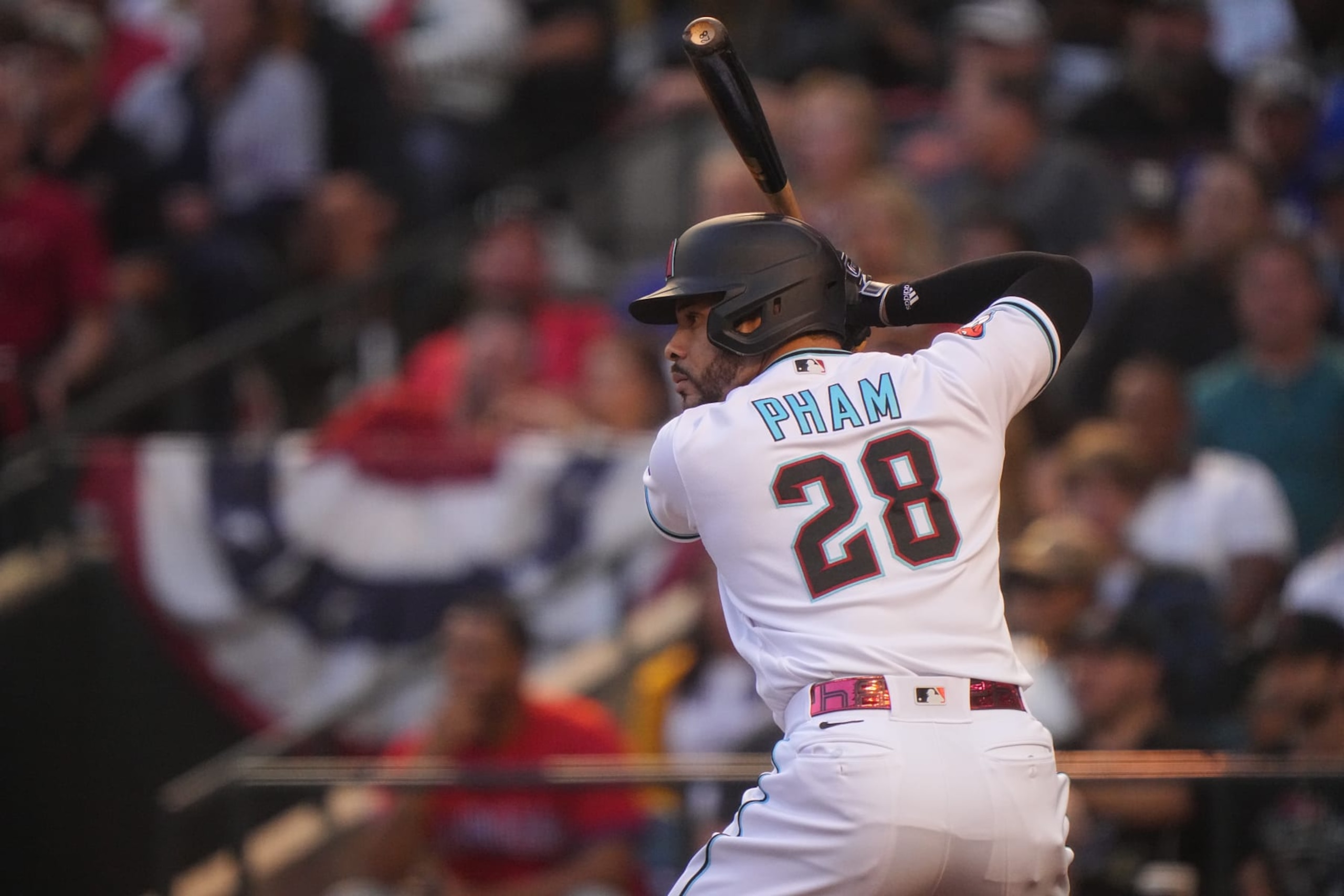 Baseball: World Series: Arizona Diamondbacks Tommy Pham (28) in action, batting  vs Texas Rangers at Chase Field. Game 5. 
Phoenix, AZ 11/1/2023
CREDIT: Erick W. Rasco (Photo by Erick W. Rasco/Sports Illustrated via Getty Images) 
(Set Number: X164452 TK1)