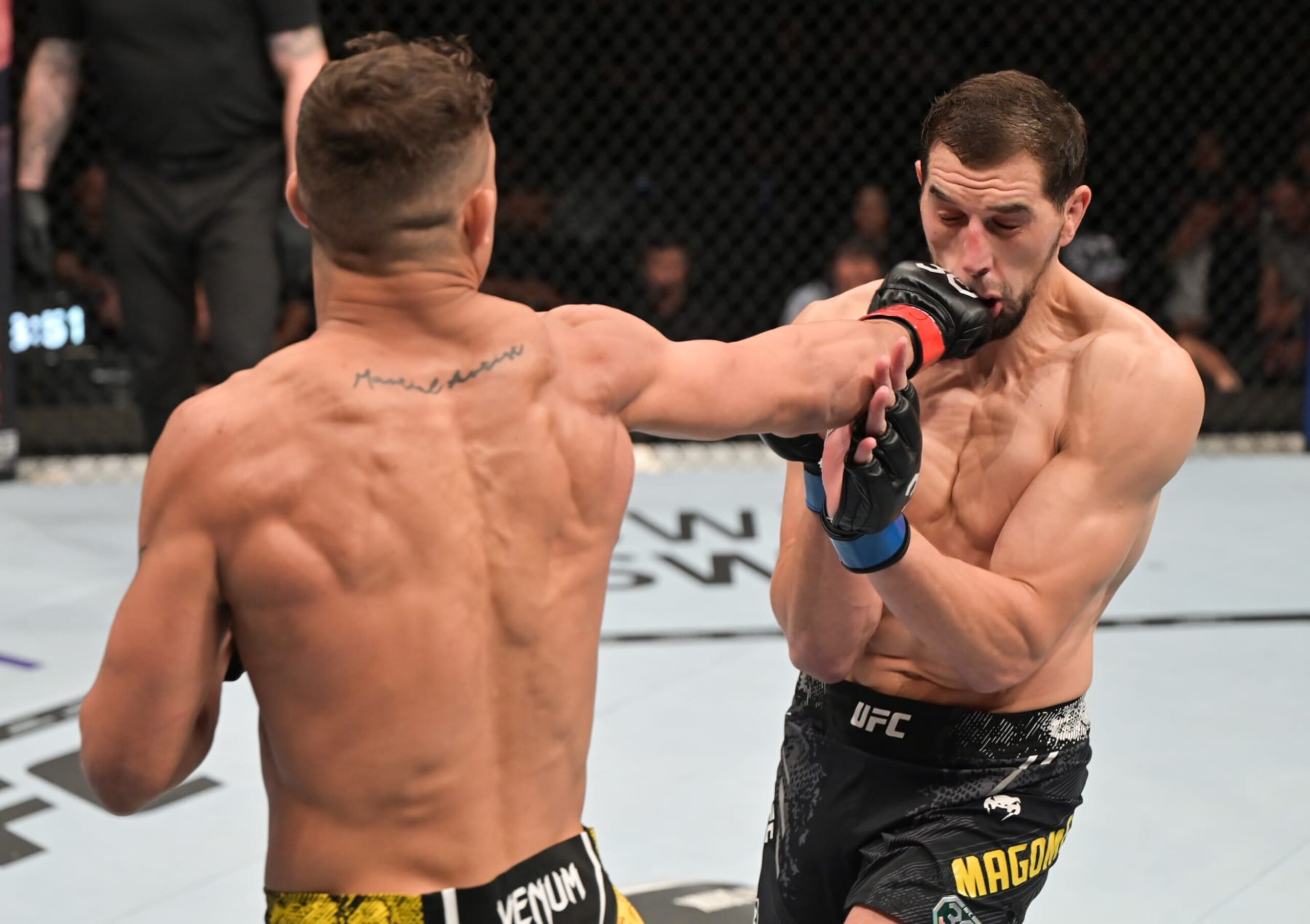 SAO PAULO, BRAZIL - NOVEMBER 04: (L-R) Caio Borralho of Brazil punches Abus Magomedov of Russia in a middleweight fight during the UFC Fight Night event at Ibirapuera Gymnasium on November 04, 2023 in Sao Paulo, Brazil. (Photo by Pedro Vilela/Zuffa LLC via Getty Images)
