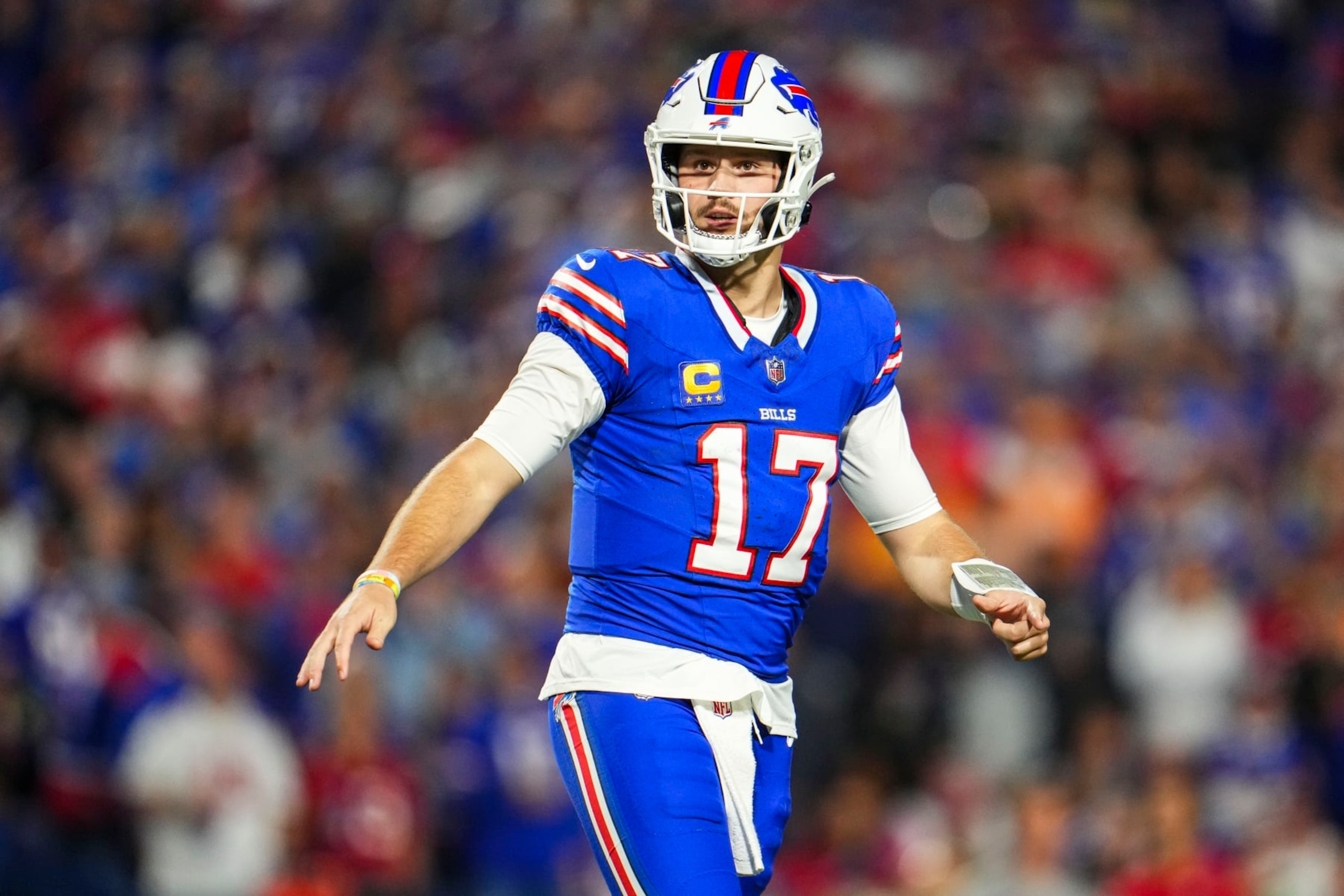 ORCHARD PARK, NY - OCTOBER 26: Josh Allen #17 of the Buffalo Bills looks on from the field during an NFL football game against the Tampa Bay Buccaneers at Highmark Stadium on October 26, 2023 in Orchard Park, New York. (Photo by Cooper Neill/Getty Images)