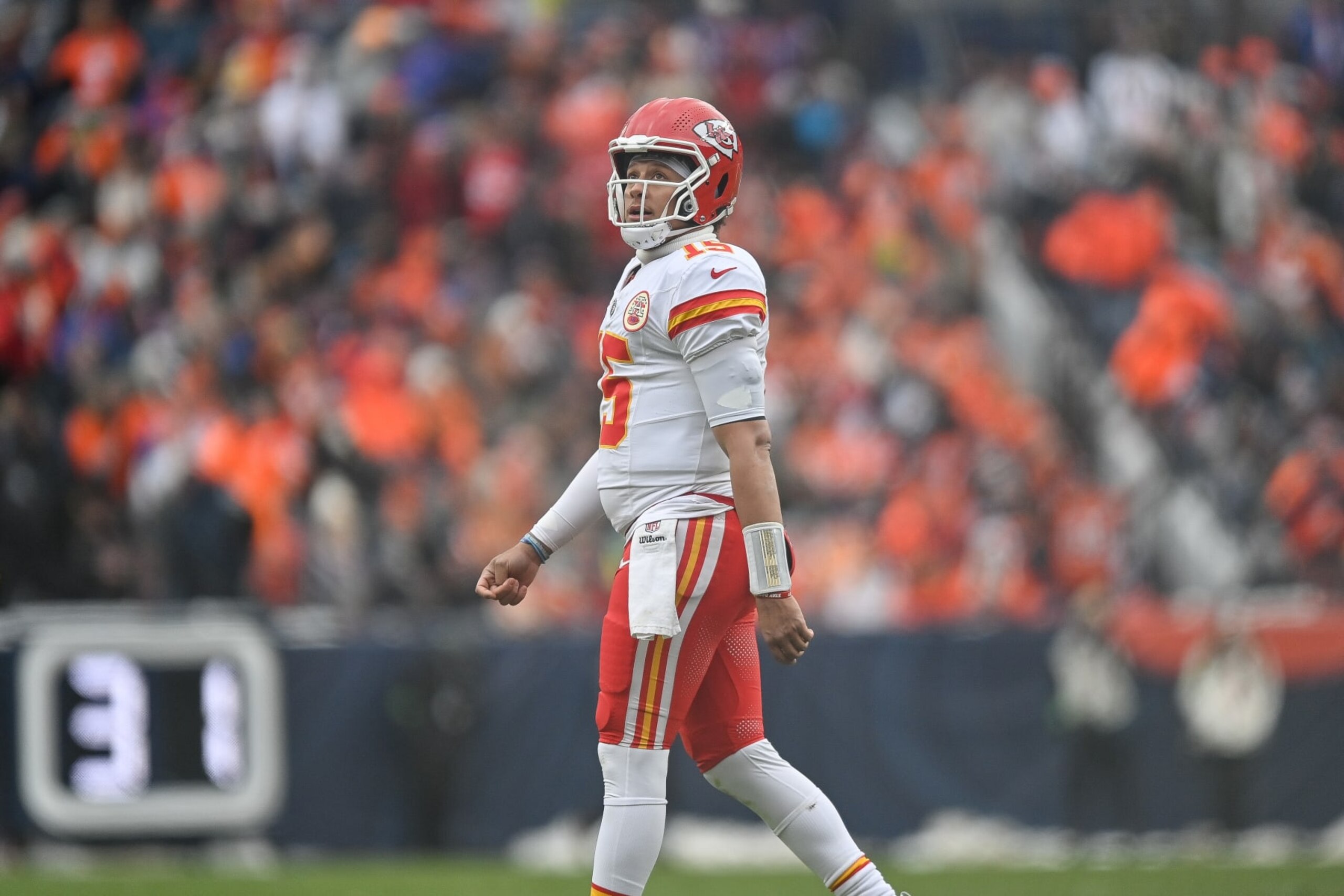 DENVER, CO - OCTOBER 29: Kansas City Chiefs quarterback Patrick Mahomes (15) walks off the field after failing to convert on third down during a game between the Kansas City Chiefs and the Denver Broncos at Empower Field at Mile High on October 29, 2023 in Denver, Colorado. (Photo by Dustin Bradford/Icon Sportswire via Getty Images)