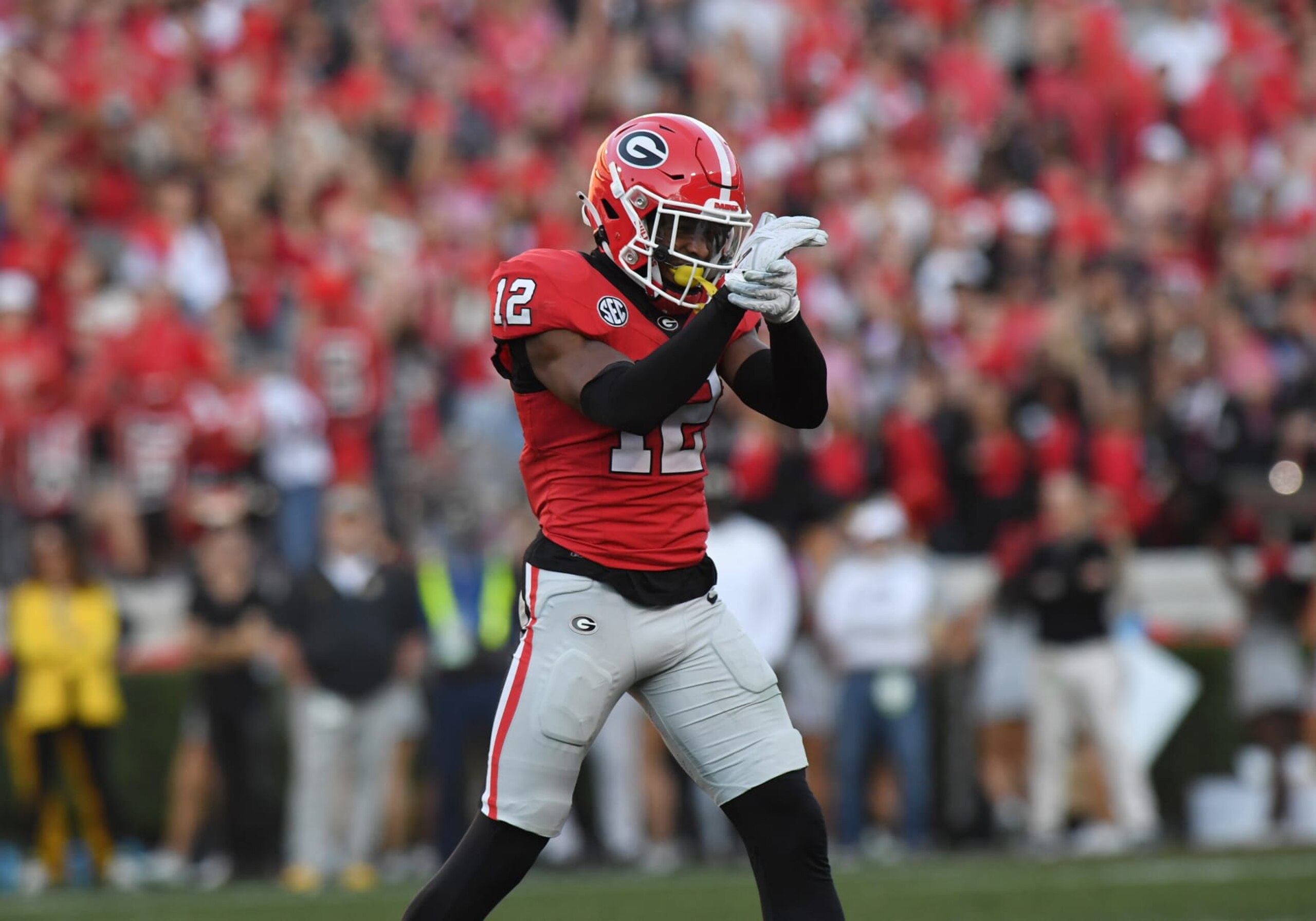 ATHENS, GA - NOVEMBER 04: Georgia Bulldogs Defensive Back Julian Humphrey (12) celebrates during the college football game between the Missouri Tigers and the Georgia Bulldogs on November 04, 2023, at Sanford Stadium in Athens, GA. (Photo by Jeffrey Vest/Icon Sportswire via Getty Images)