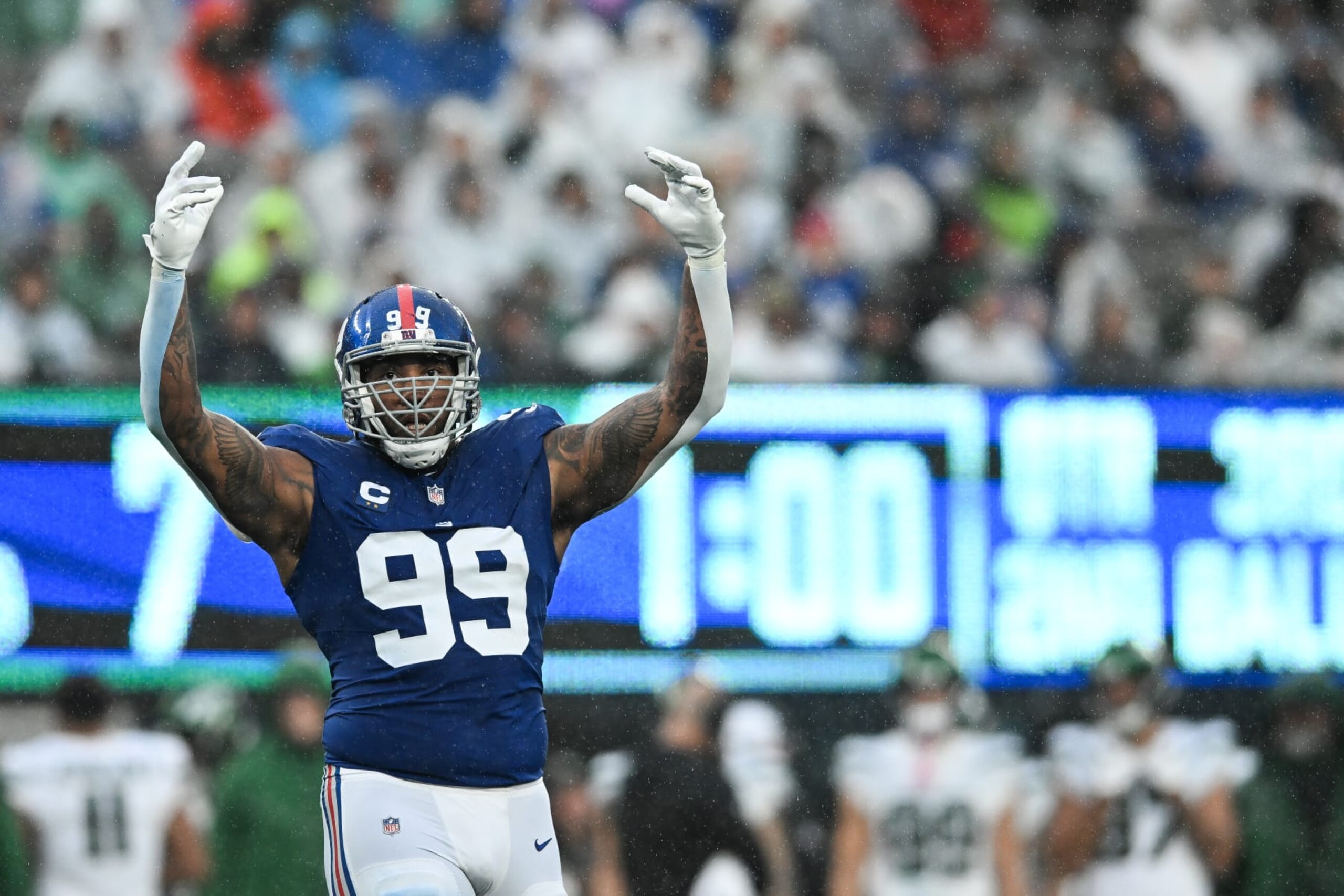 EAST RUTHERFORD, NJ - OCTOBER 29: Leonard Williams #99 of the New York Giants reacts during the second half of the game against the New York Jets at MetLife Stadium on October 29, 2023 in East Rutherford, New Jersey. (Photo by Kathryn Riley/Getty Images)