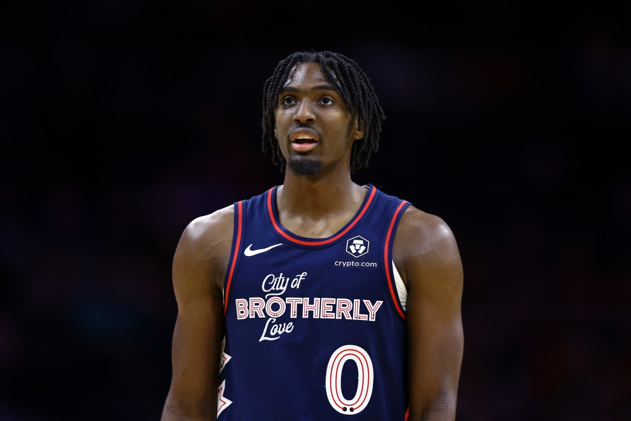 PHILADELPHIA, PENNSYLVANIA - NOVEMBER 04: Tyrese Maxey #0 of the Philadelphia 76ers looks on against the Phoenix Suns at the Wells Fargo Center on November 04, 2023 in Philadelphia, Pennsylvania. NOTE TO USER: User expressly acknowledges and agrees that, by downloading and or using this photograph, User is consenting to the terms and conditions of the Getty Images License Agreement. (Photo by Tim Nwachukwu/Getty Images)
