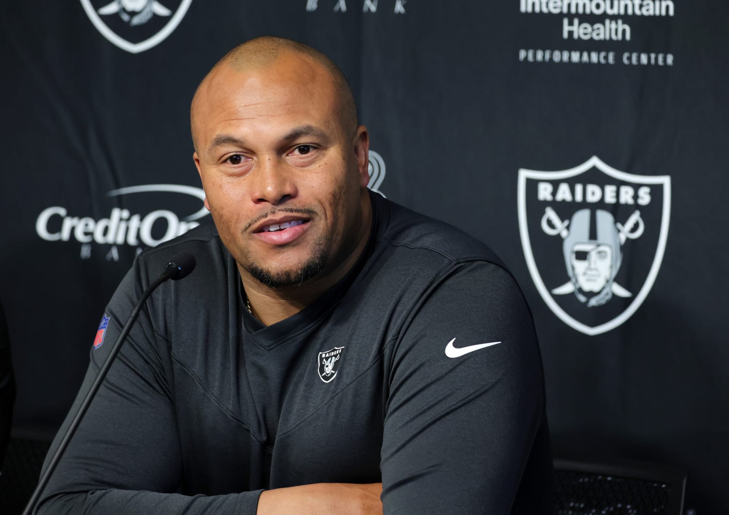HENDERSON, NEVADA - NOVEMBER 01: Interim head coach Antonio Pierce of the Las Vegas Raiders attends a news conference at the Las Vegas Raiders Headquarters/Intermountain Healthcare Performance Center on November 01, 2023 in Henderson, Nevada. The Raiders introduced Pierce and interim general manager Champ Kelly after firing head coach Josh McDaniels and general manager Dave Ziegler yesterday. (Photo by Ethan Miller/Getty Images)