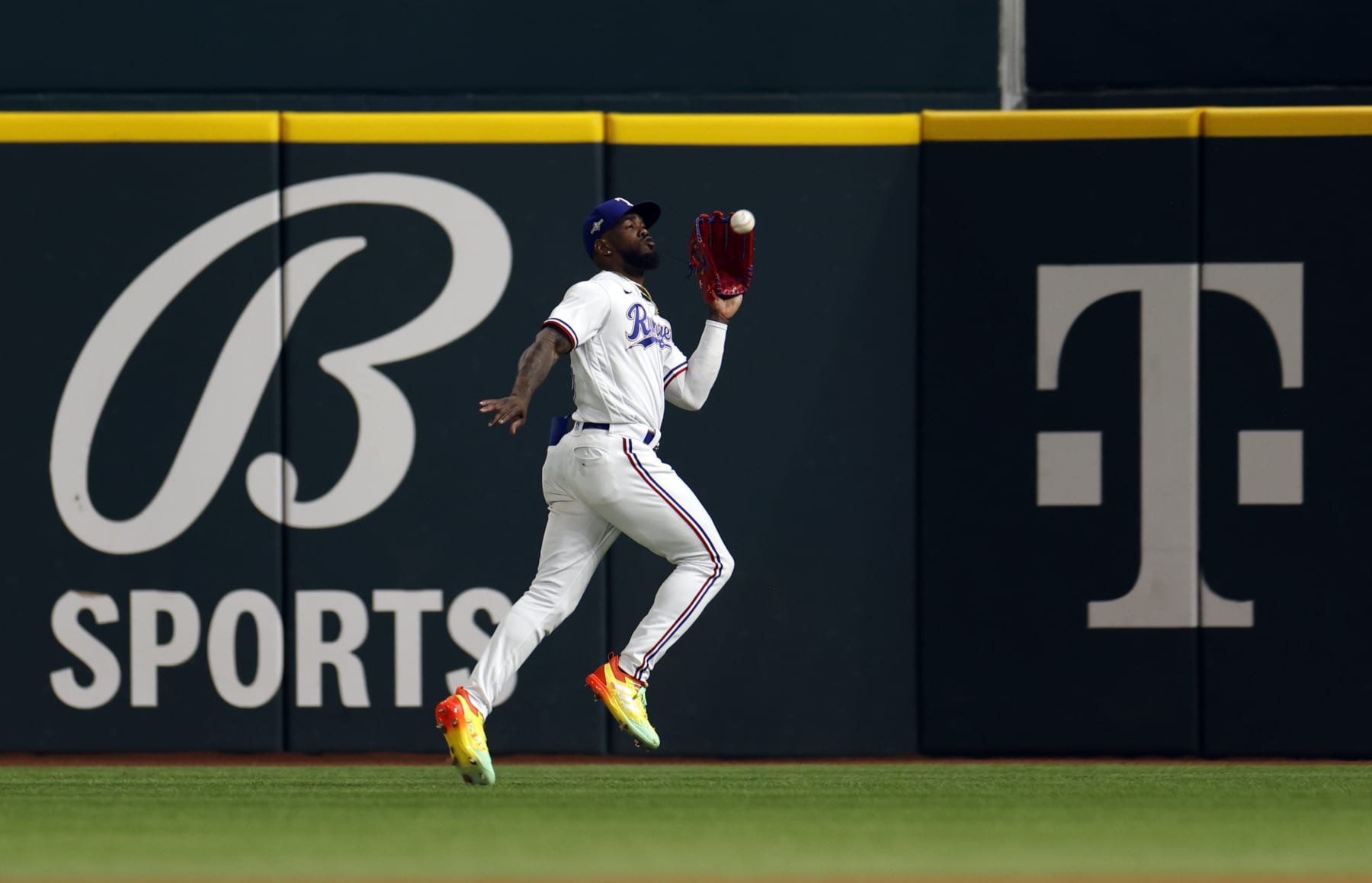 ARLINGTON, TX - OCTOBER 18: Adolis García #53 of the Texas Rangers makes a catch during Game 3 of the ALCS between the Houston Astros and the Texas Rangers at Globe Life Field on Wednesday, October 18, 2023 in Arlington, Texas. (Photo by Ron Jenkins/MLB Photos via Getty Images)