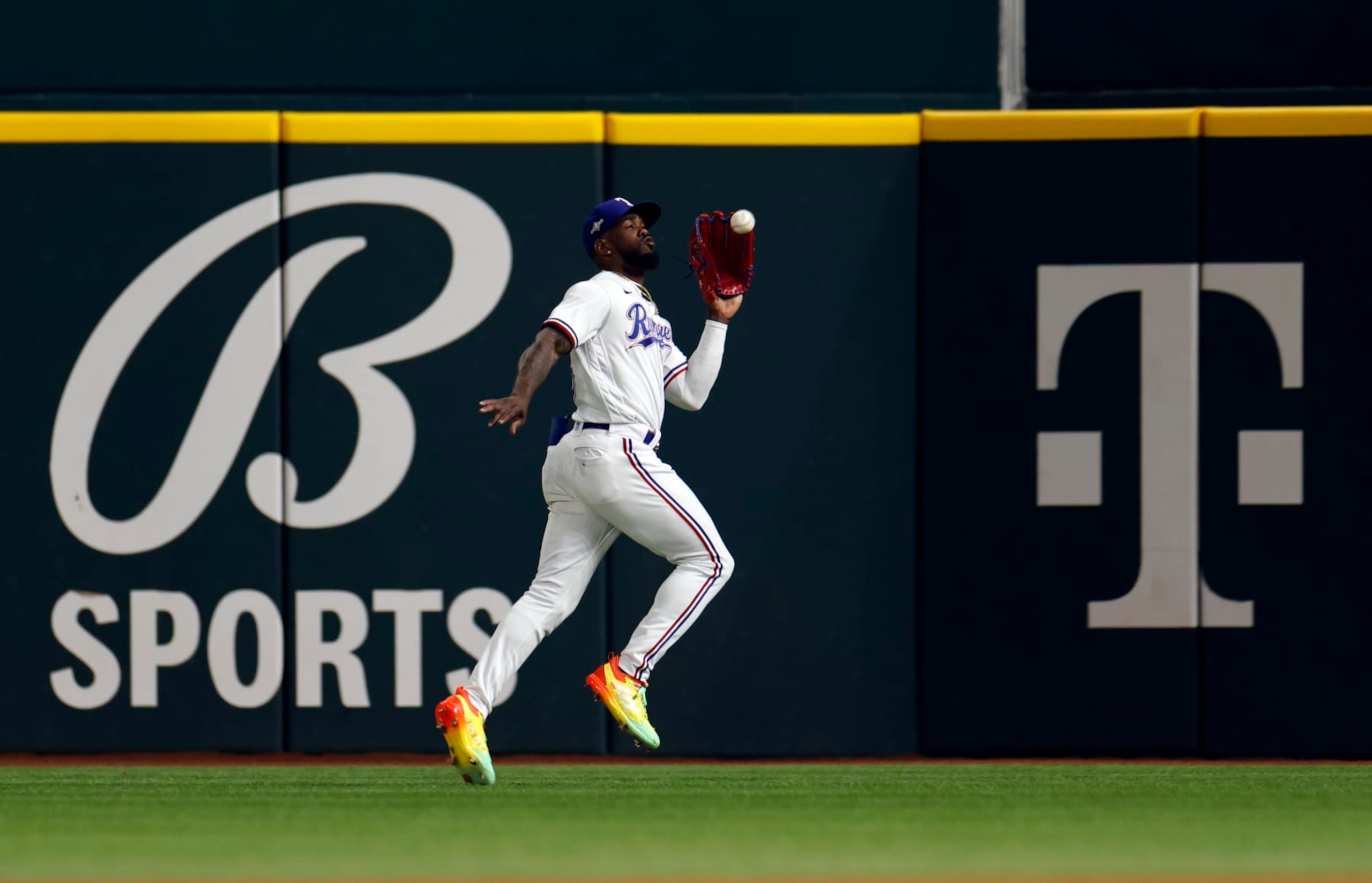 ARLINGTON, TX - OCTOBER 18: Adolis García #53 of the Texas Rangers makes a catch during Game 3 of the ALCS between the Houston Astros and the Texas Rangers at Globe Life Field on Wednesday, October 18, 2023 in Arlington, Texas. (Photo by Ron Jenkins/MLB Photos via Getty Images)