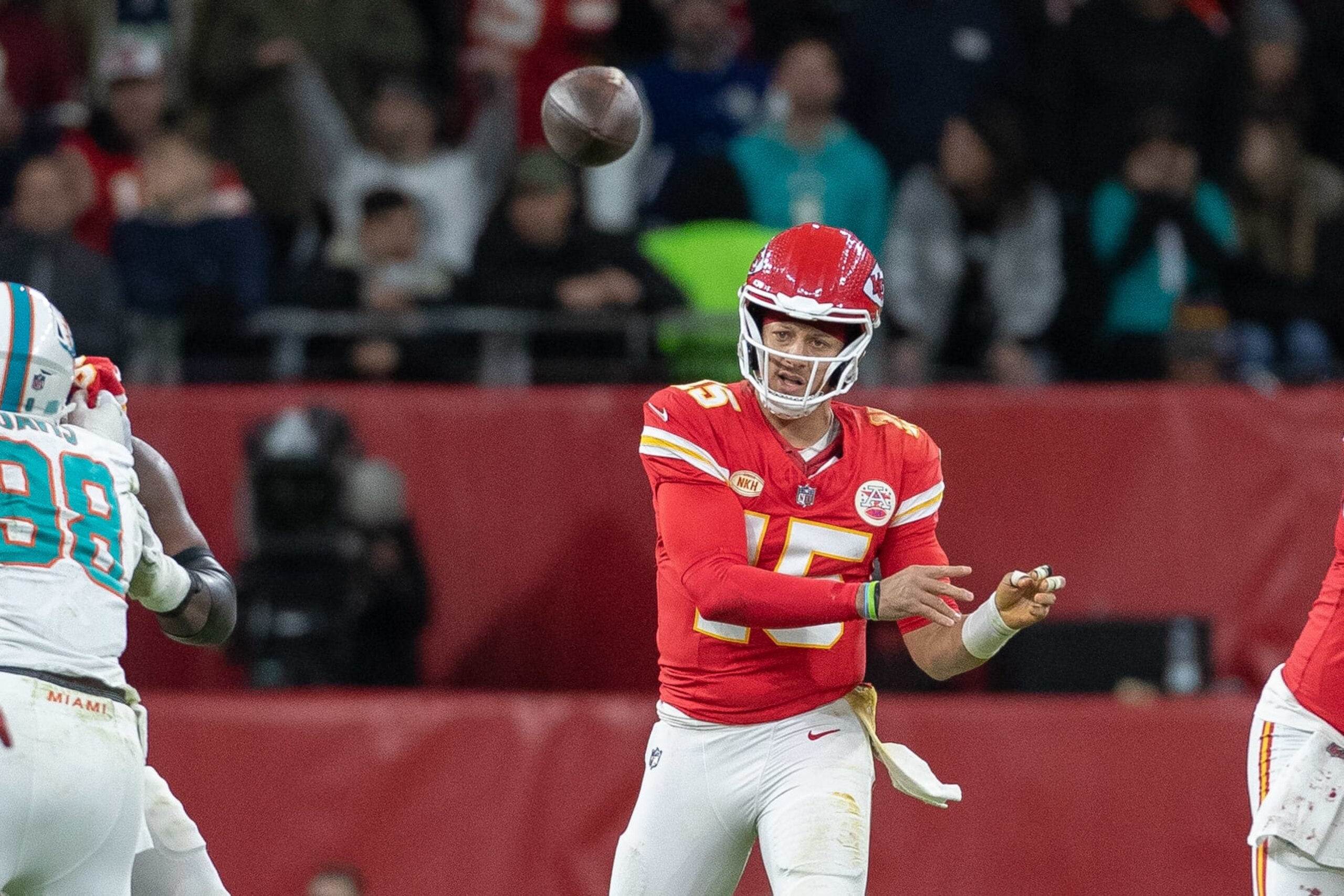 FRANKFURT AM MAIN, GERMANY - NOVEMBER 5: Patrick Mahomes of Kansas City Chiefs controls the ball during the NFL match between Miami Dolphins and Kansas City Chiefs at Deutsche Bank Park on November 5, 2023 in Frankfurt am Main, Germany. (Photo by Mario Hommes/DeFodi Images via Getty Images)