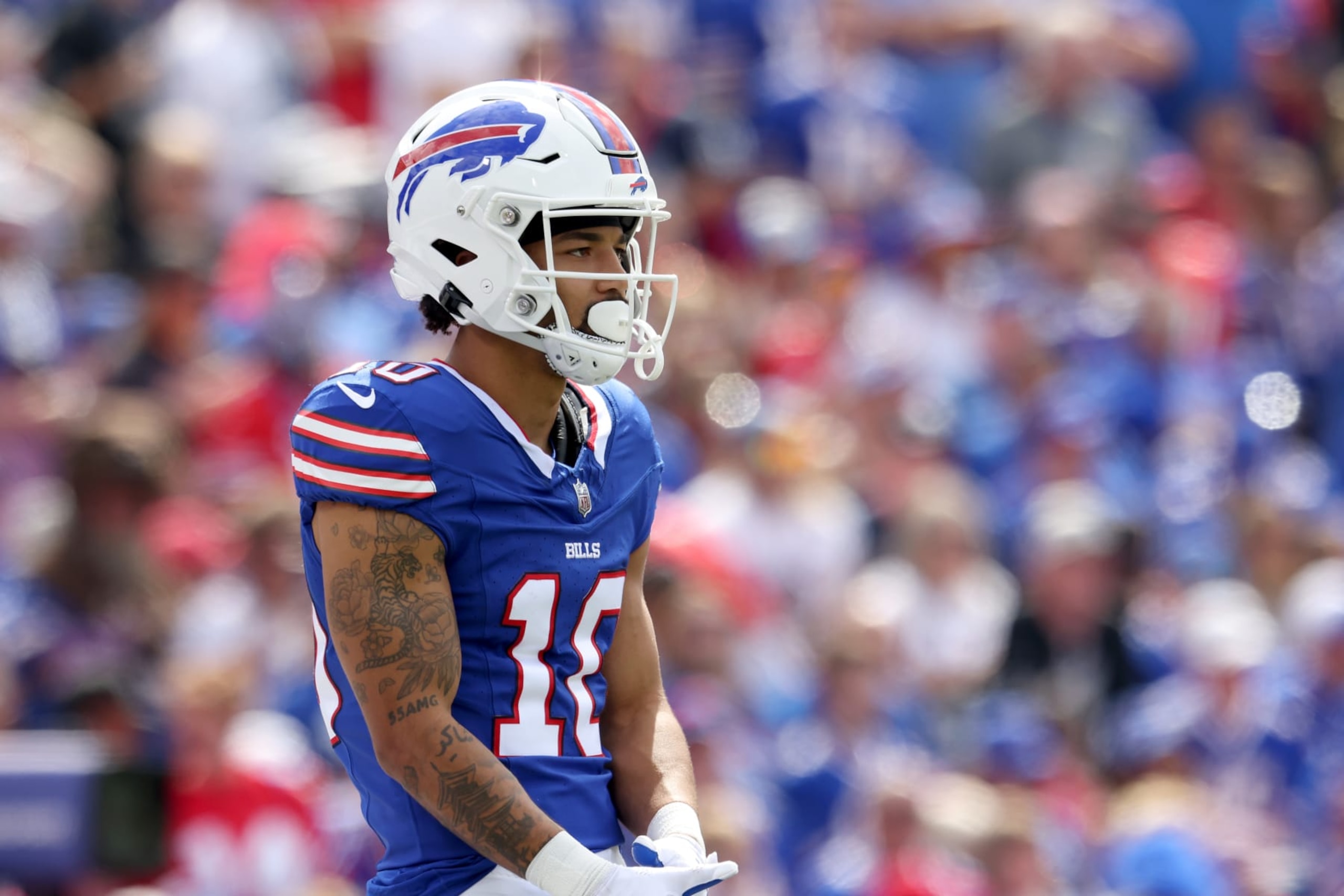 ORCHARD PARK, NEW YORK - SEPTEMBER 17: Khalil Shakir #10 of the Buffalo Bills looks on during the first quarter against the Las Vegas Raiders at Highmark Stadium on September 17, 2023 in Orchard Park, New York. (Photo by Bryan Bennett/Getty Images)