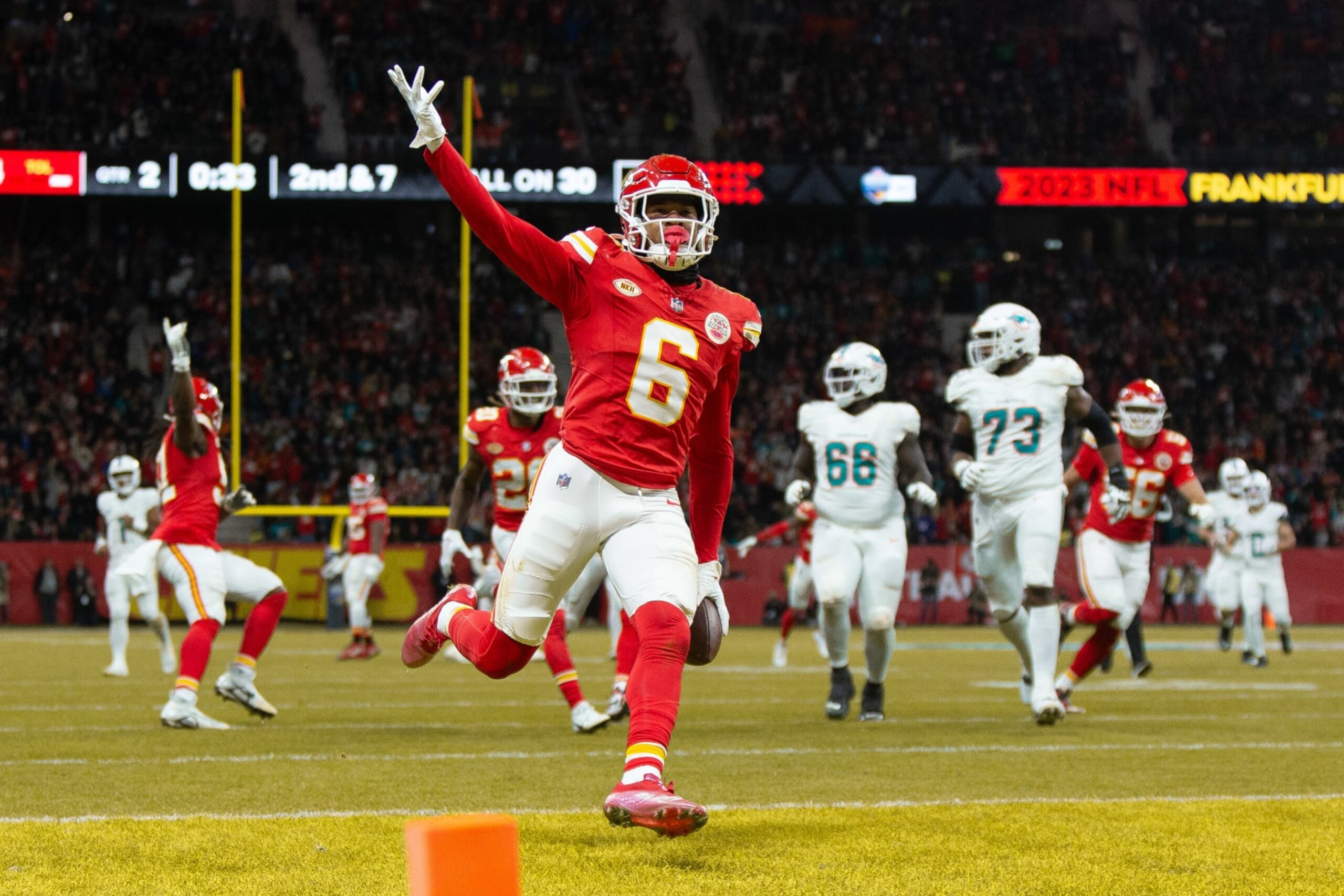 FRANKFURT AM MAIN, GERMANY - NOVEMBER 5: Chris Oladokun of Kansas City Chiefs scores a touchdown during the NFL match between Miami Dolphins and Kansas City Chiefs at Deutsche Bank Park on November 5, 2023 in Frankfurt am Main, Germany. (Photo by Mario Hommes/DeFodi Images via Getty Images)