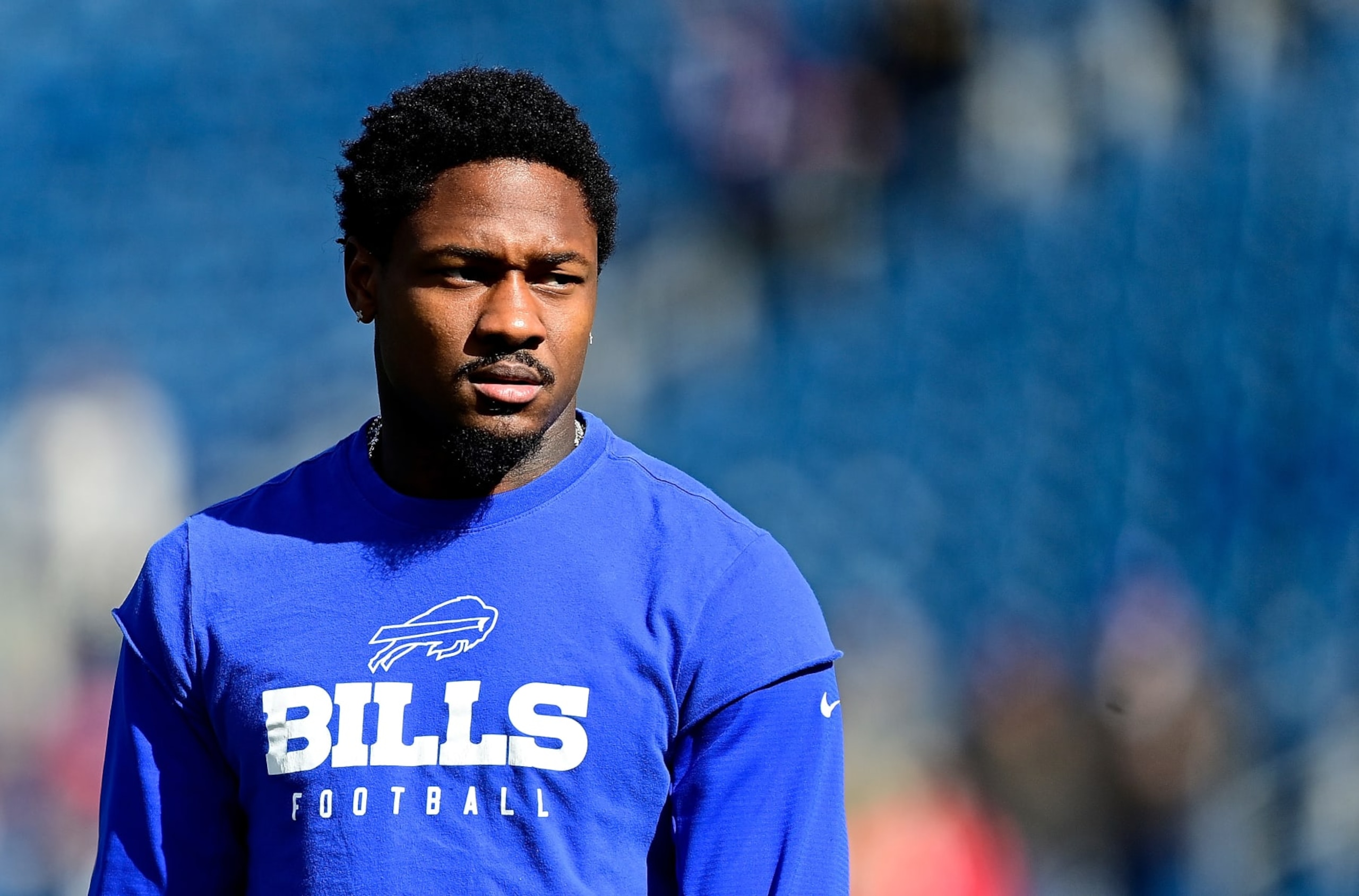 FOXBOROUGH, MASSACHUSETTS - OCTOBER 22: Stefon Diggs #14 of the Buffalo Bills warms up before the game against the New England Patriots at Gillette Stadium on October 22, 2023 in Foxborough, Massachusetts. (Photo by Billie Weiss/Getty Images)