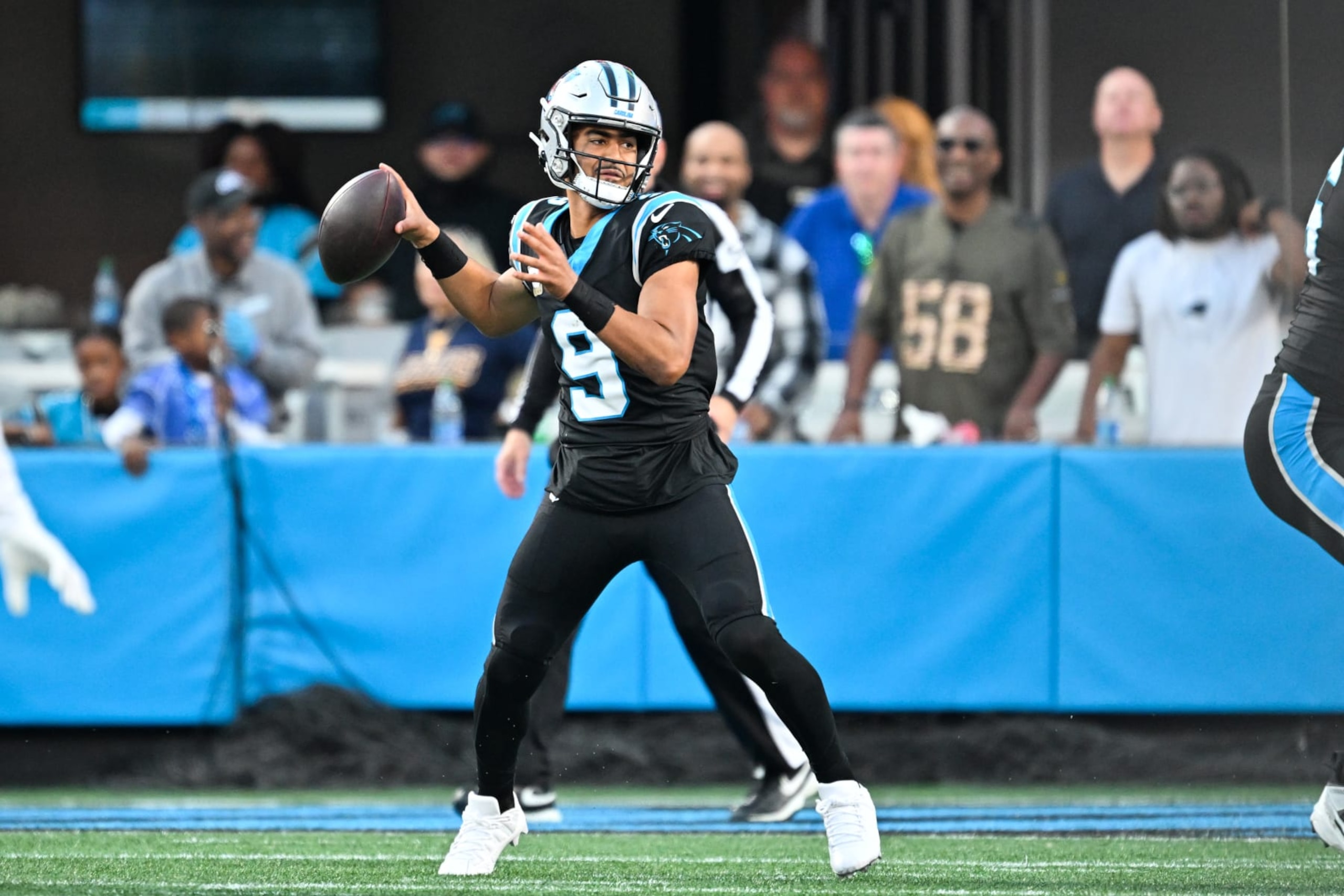 CHARLOTTE, NORTH CAROLINA - NOVEMBER 05: Bryce Young #9 of the Carolina Panthers throws a pass during the second quarter of the game against the Indianapolis Colts at Bank of America Stadium on November 05, 2023 in Charlotte, North Carolina. (Photo by Grant Halverson/Getty Images)