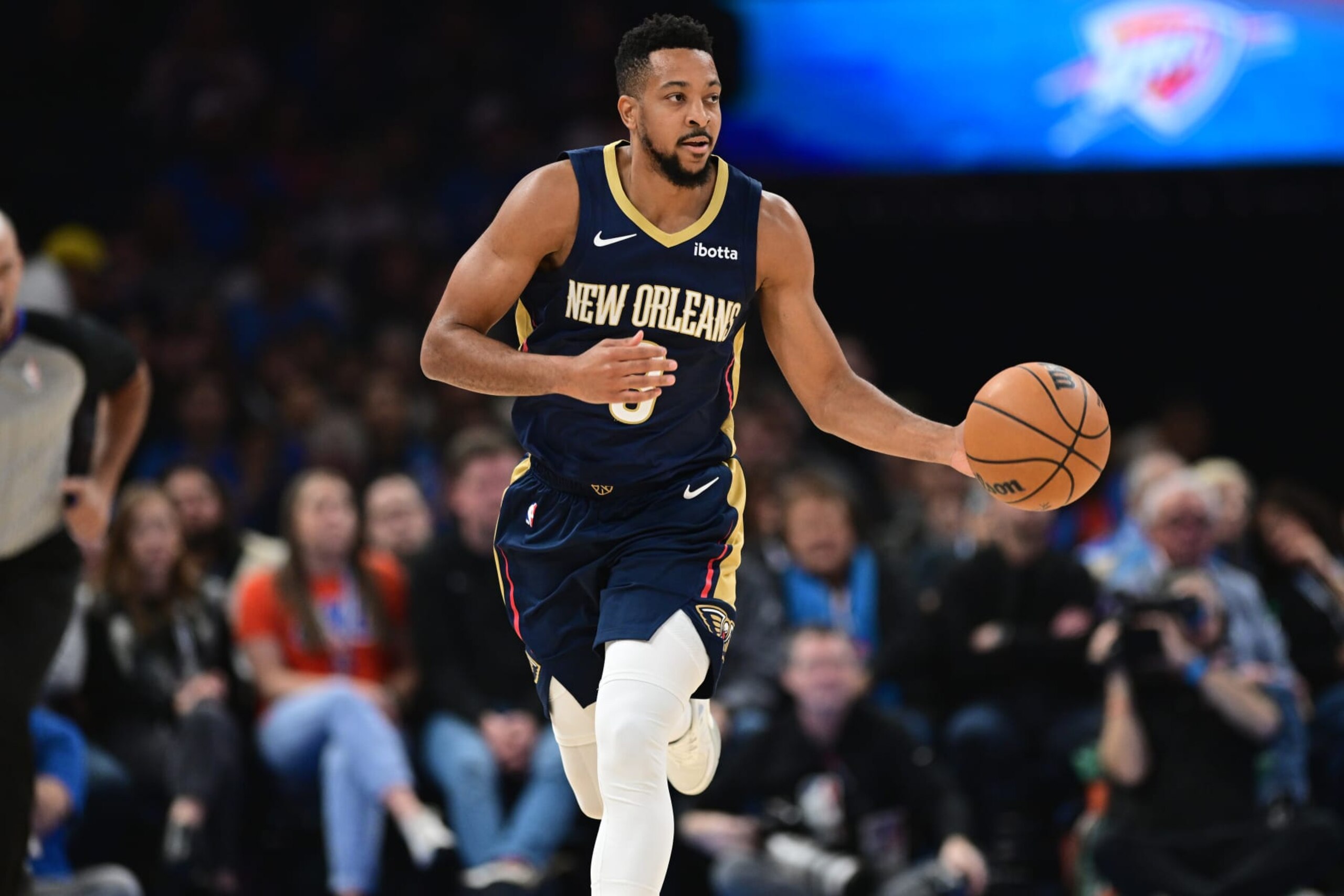 OKLAHOMA CITY, OKLAHOMA - NOVEMBER 1: CJ McCollum #3 of the New Orleans Pelicans brings the ball down the floor during the first half against the Oklahoma City Thunder at Paycom Center on November 1, 2023 in Oklahoma City, Oklahoma. NOTE TO USER: User expressly acknowledges and agrees that, by downloading and or using this photograph, User is consenting to the terms and conditions of the Getty Images License Agreement. (Photo by Joshua Gateley/Getty Images)