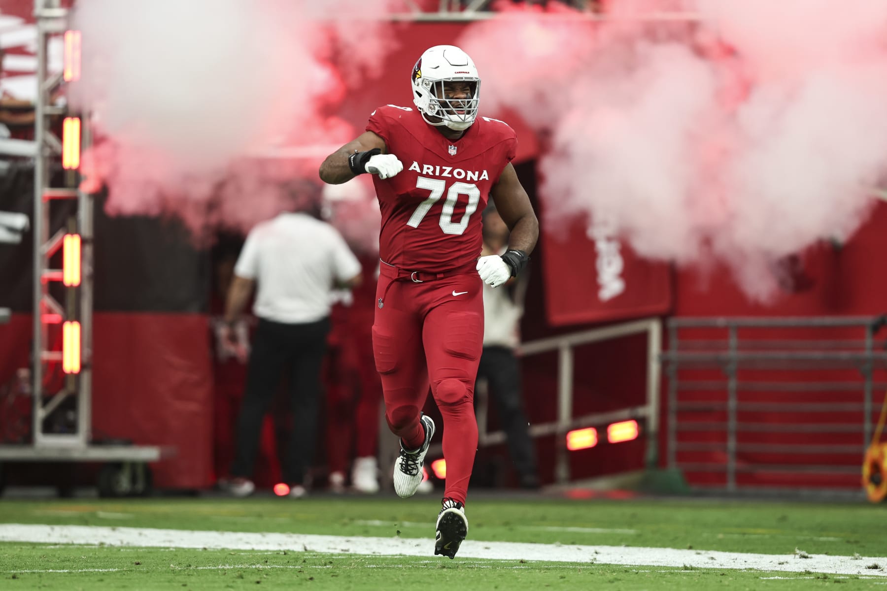 GLENDALE, ARIZONA - SEPTEMBER 24: Paris Johnson Jr. #70 of the Arizona Cardinals reacts as he takes the field prior to an NFL football game between the Arizona Cardinals and the Dallas Cowboys at State Farm Stadium on September 24, 2023 in Glendale, Arizona. (Photo by Michael Owens/Getty Images)