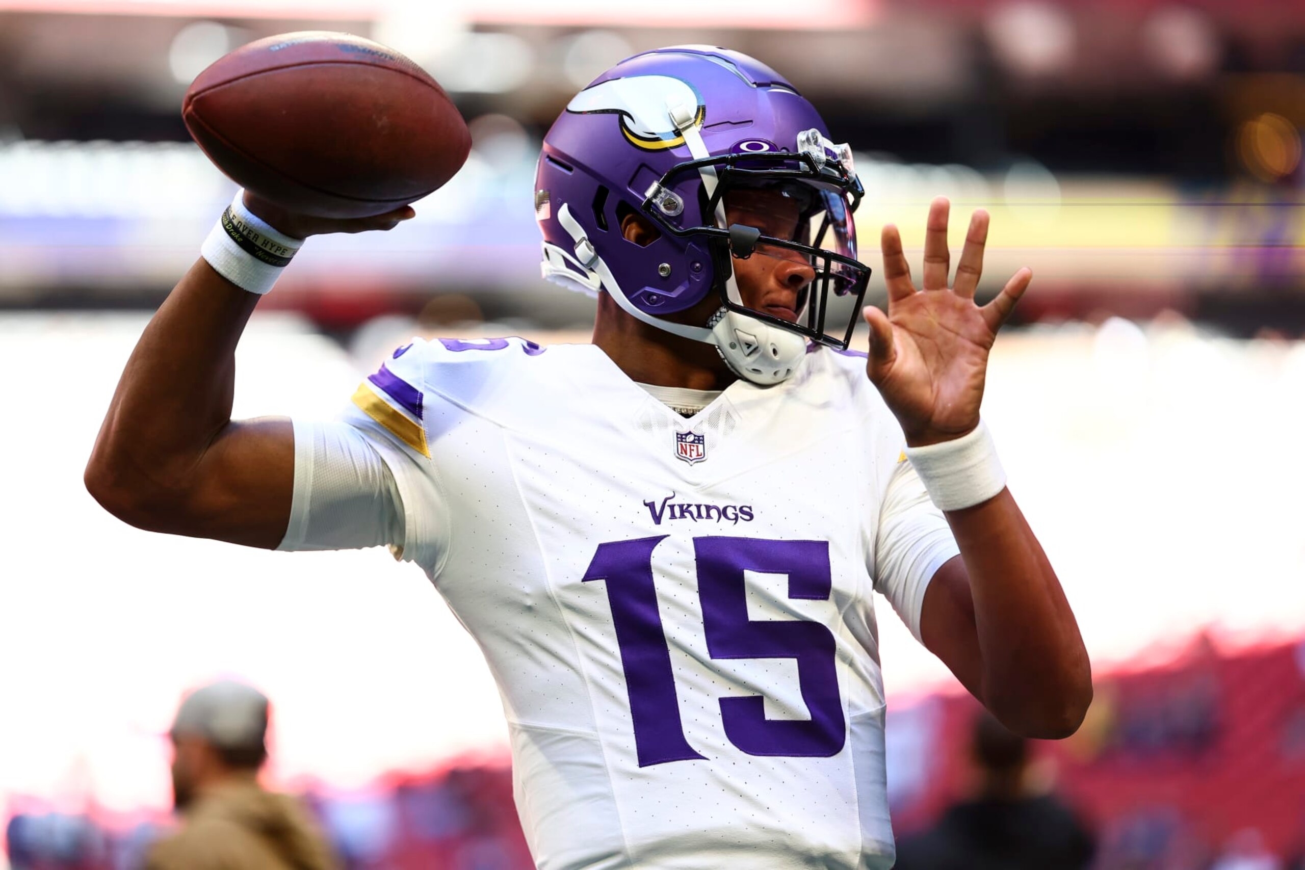 ATLANTA, GA - NOVEMBER 5: Joshua Dobbs #15 of the Minnesota Vikings warms up prior to an NFL football game against the Atlanta Falcons at Mercedes-Benz Stadium on November 5, 2023 in Atlanta, Georgia. (Photo by Kevin Sabitus/Getty Images) ATLANTA, GA - NOVEMBER 5: Joshua Dobbs #15 of the Minnesota Vikings warms up prior to an NFL football game against the Atlanta Falcons at Mercedes-Benz Stadium on November 5, 2023 in Atlanta, Georgia. (Photo by Kevin Sabitus/Getty Images)