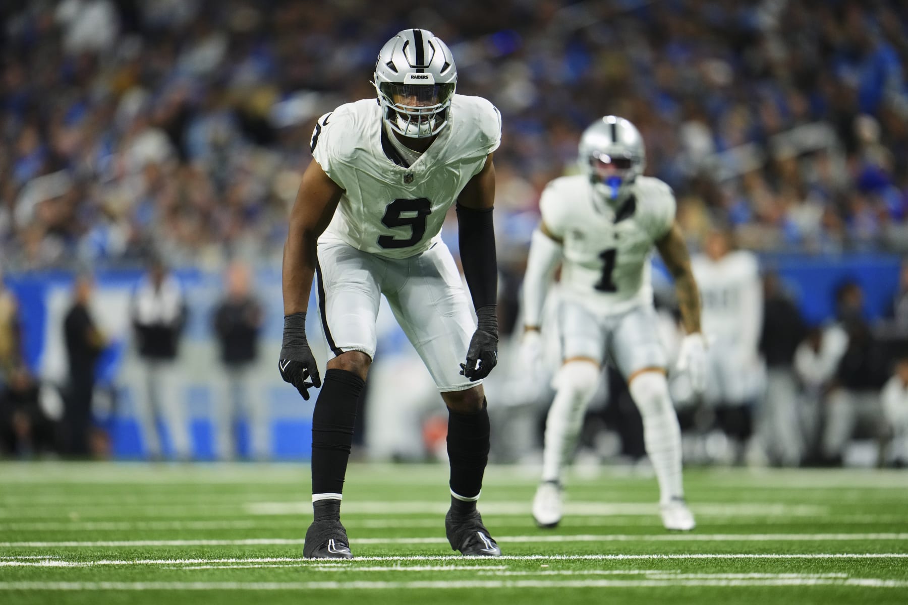 DETROIT, MI - OCTOBER 30: Tyree Wilson #9 of the Las Vegas Raiders defends against the Detroit Lions at Ford Field on October 30, 2023 during the first half in Detroit, Michigan. (Photo by Cooper Neill/Getty Images)