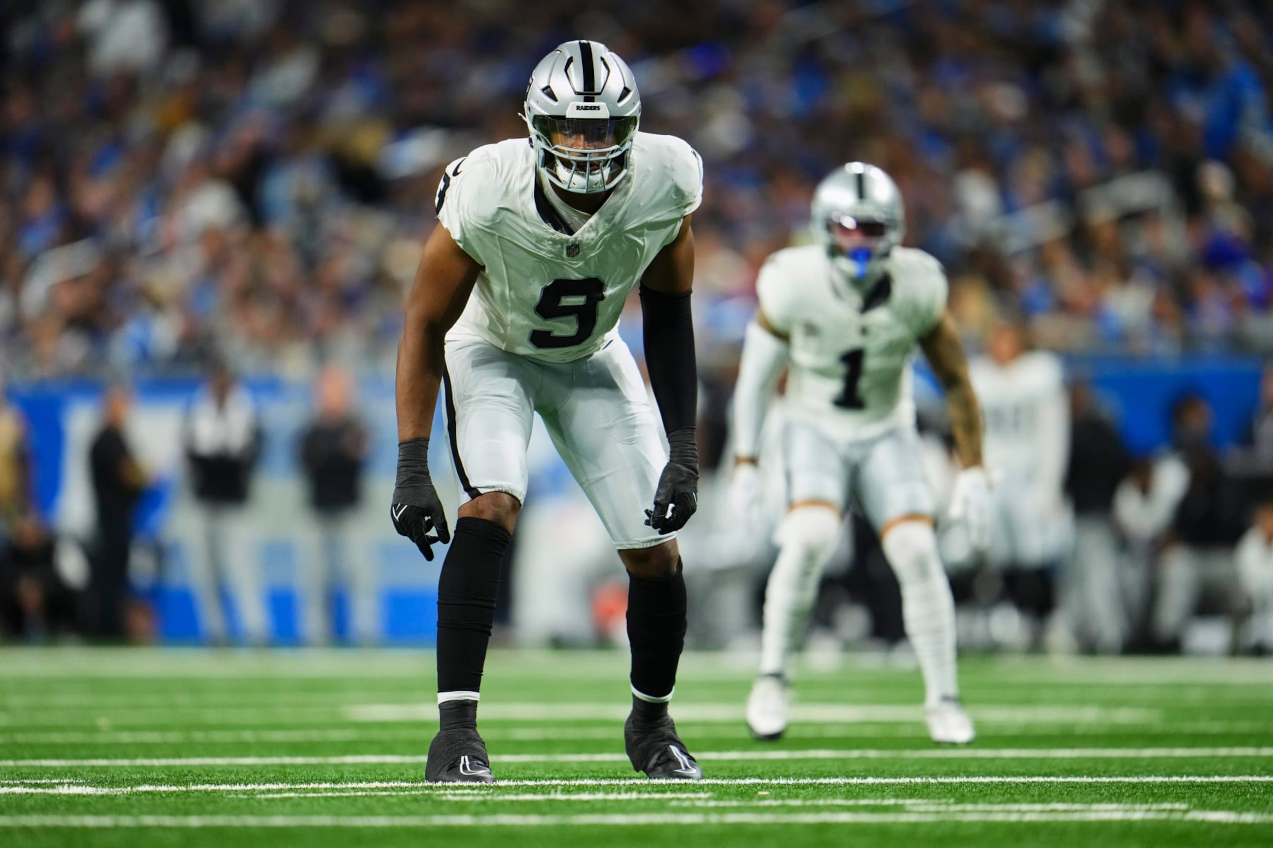 DETROIT, MI - OCTOBER 30: Tyree Wilson #9 of the Las Vegas Raiders defends against the Detroit Lions at Ford Field on October 30, 2023 during the first half in Detroit, Michigan. (Photo by Cooper Neill/Getty Images)