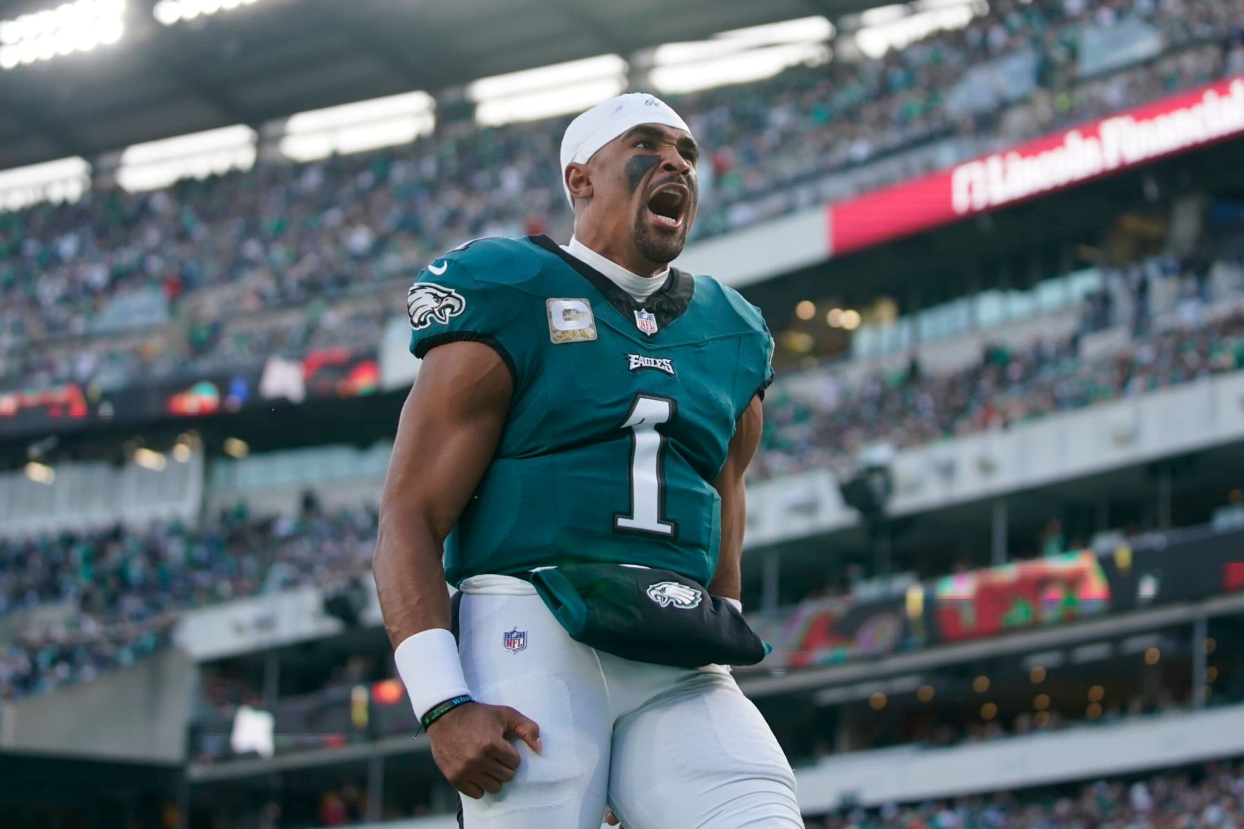 Philadelphia Eagles quarterback Jalen Hurts (1) shouts before an NFL football game against the Dallas Cowboys on Sunday, Nov. 5, 2023, in Philadelphia. (AP Photo/Matt Slocum)