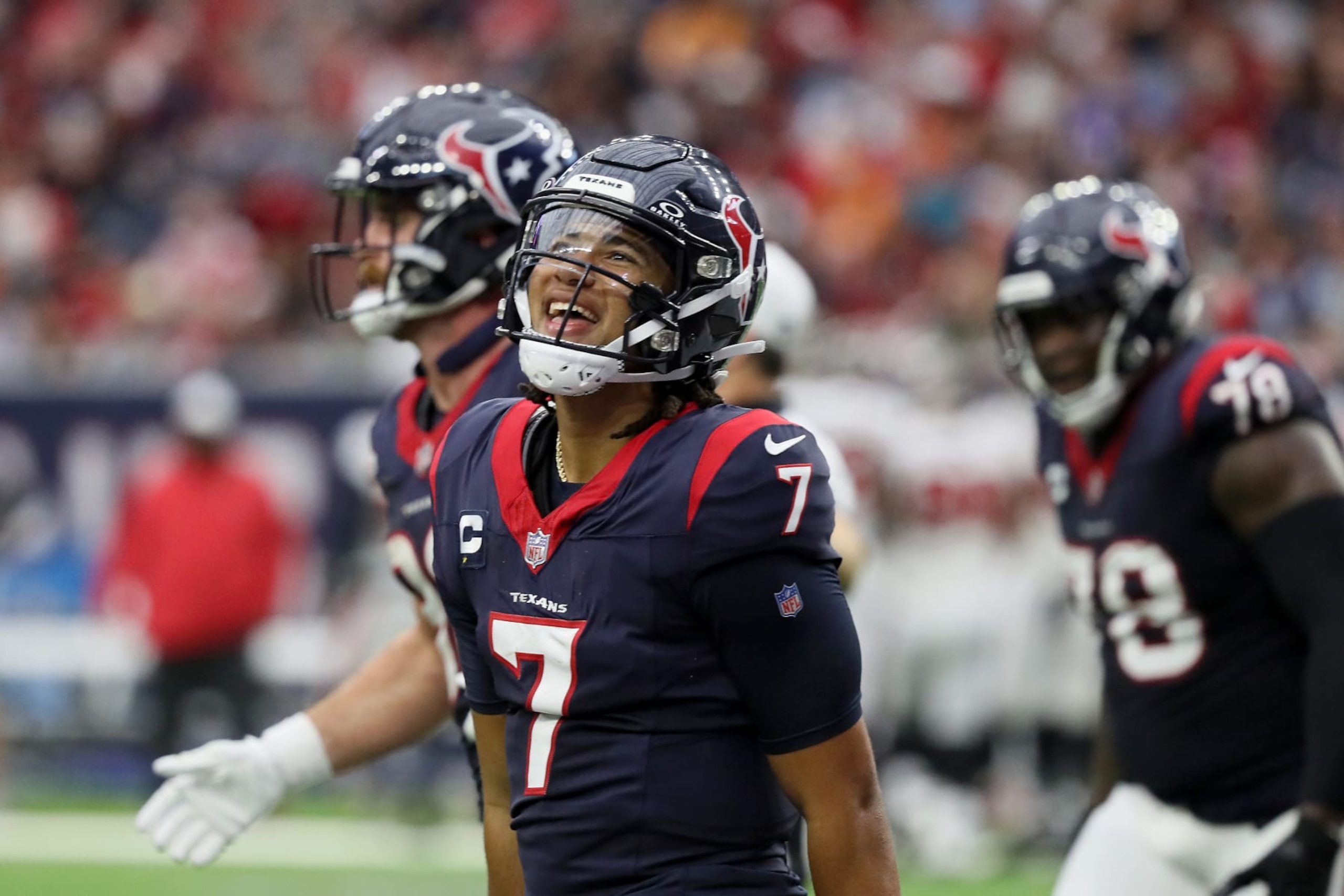 HOUSTON, TEXAS - NOVEMBER 05: C.J. Stroud #7 of the Houston Texans reacts after a two-point conversion in the fourth quarter of a game against the Tampa Bay Buccaneers at NRG Stadium on November 05, 2023 in Houston, Texas. (Photo by Bob Levey/Getty Images) HOUSTON, TEXAS - NOVEMBER 05: C.J. Stroud #7 of the Houston Texans reacts after a two-point conversion in the fourth quarter of a game against the Tampa Bay Buccaneers at NRG Stadium on November 05, 2023 in Houston, Texas. (Photo by Bob Levey/Getty Images)