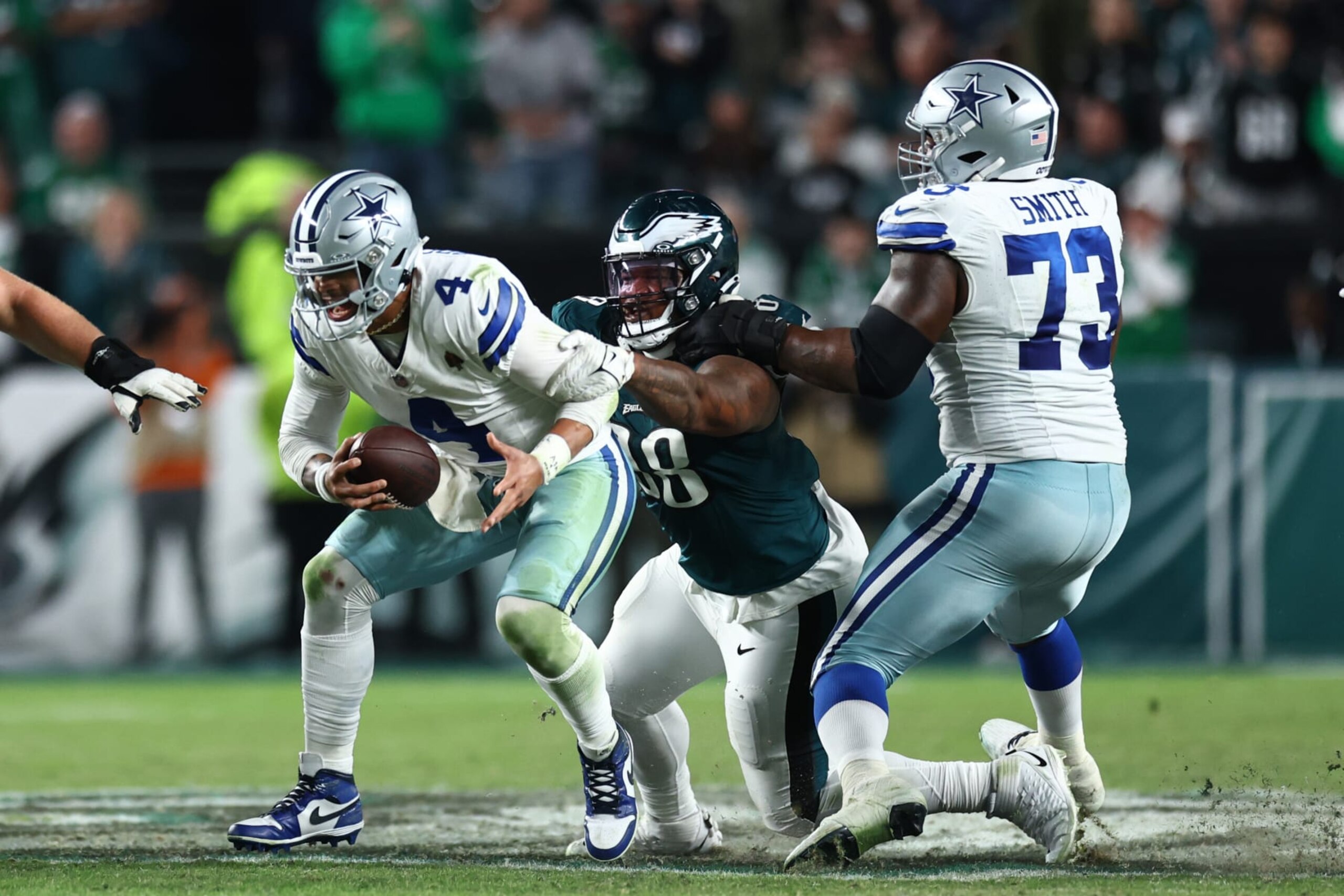 Cowboys QB Dak Prescott is sacked by Eagles DL Jalen Carter