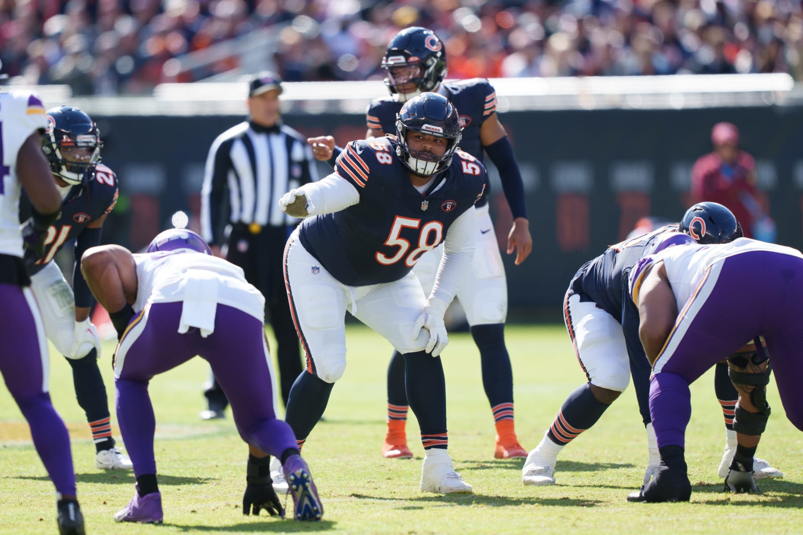 CHICAGO, IL - OCTOBER 15: Offensive tackle Darnell Wright #58 of the Chicago Bears sets up at the line during the first half of an NFL football game against the Minnesota Vikings at Soldier Field on October 15, 2023 in Chicago, Illinois. (Photo by Todd Rosenberg/Getty Images)