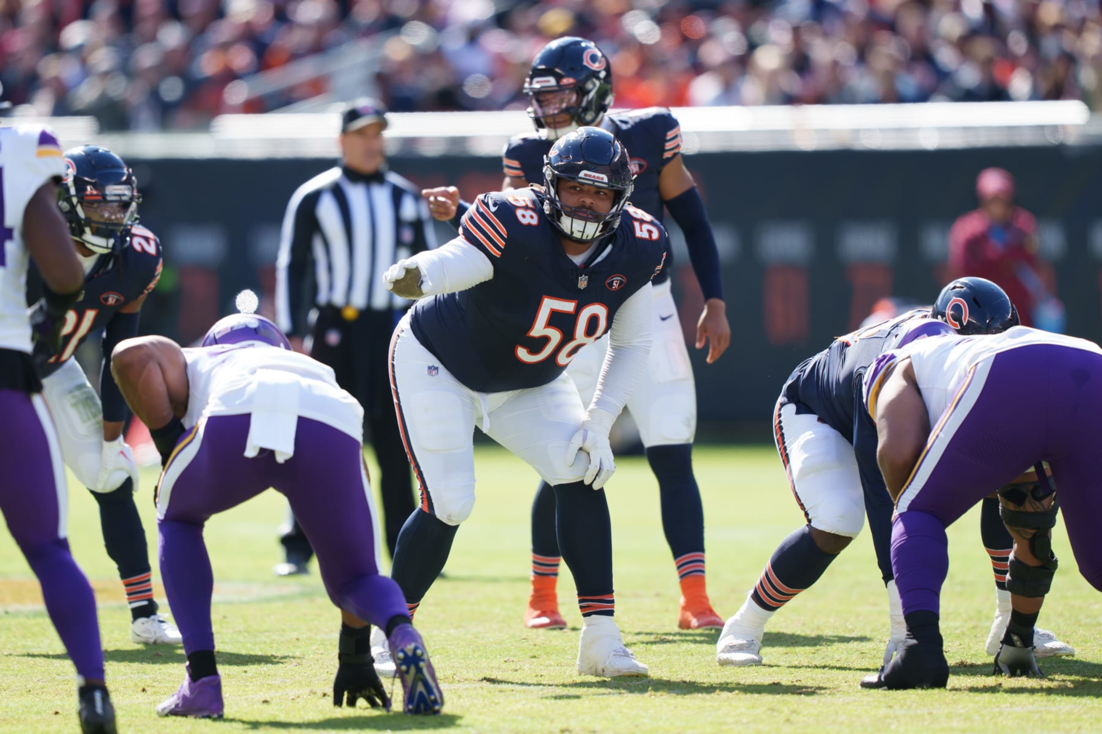 CHICAGO, IL - OCTOBER 15: Offensive tackle Darnell Wright #58 of the Chicago Bears sets up at the line during the first half of an NFL football game against the Minnesota Vikings at Soldier Field on October 15, 2023 in Chicago, Illinois. (Photo by Todd Rosenberg/Getty Images)