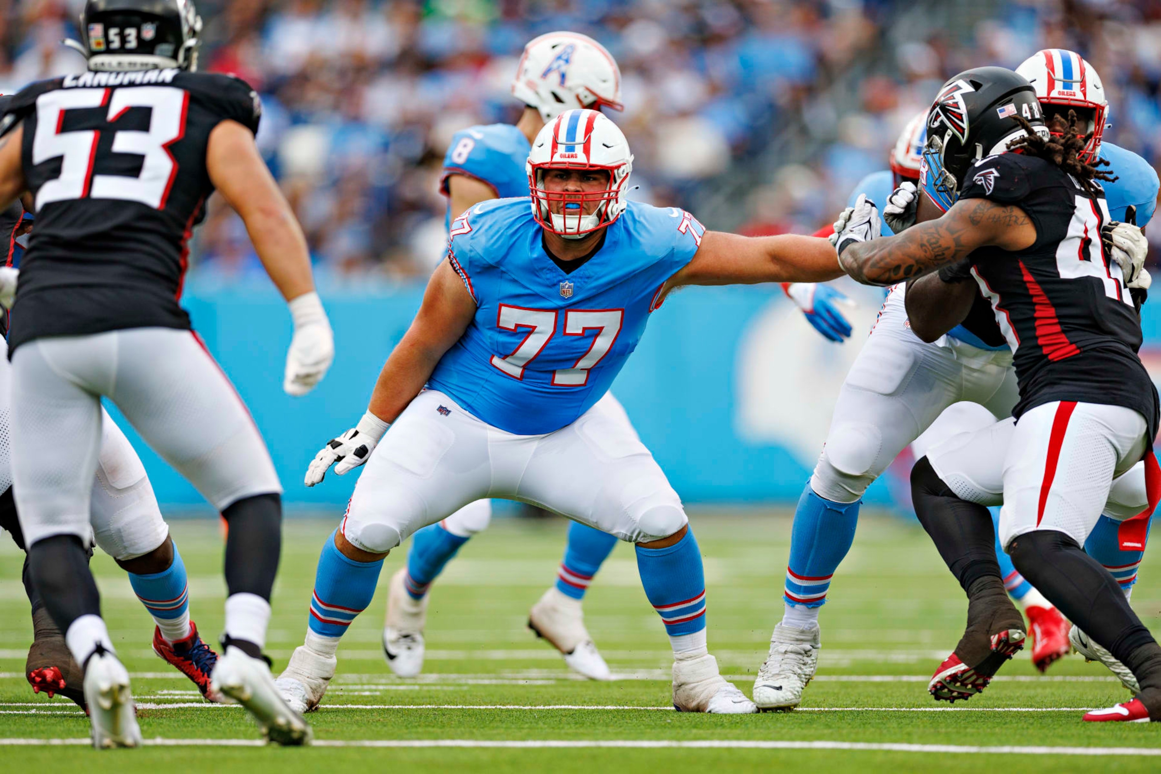 NASHVILLE, TENNESSEE - OCTOBER 29:  Peter Skoronski #77 of the Tennessee Titans celebrates drops back to block during the game against the Atlanta Falcons at Nissan Stadium on October 29, 2023 in Nashville, Tennessee. The Titans defeated the Falcons 28-23. (Photo by Wesley Hitt/Getty Images)