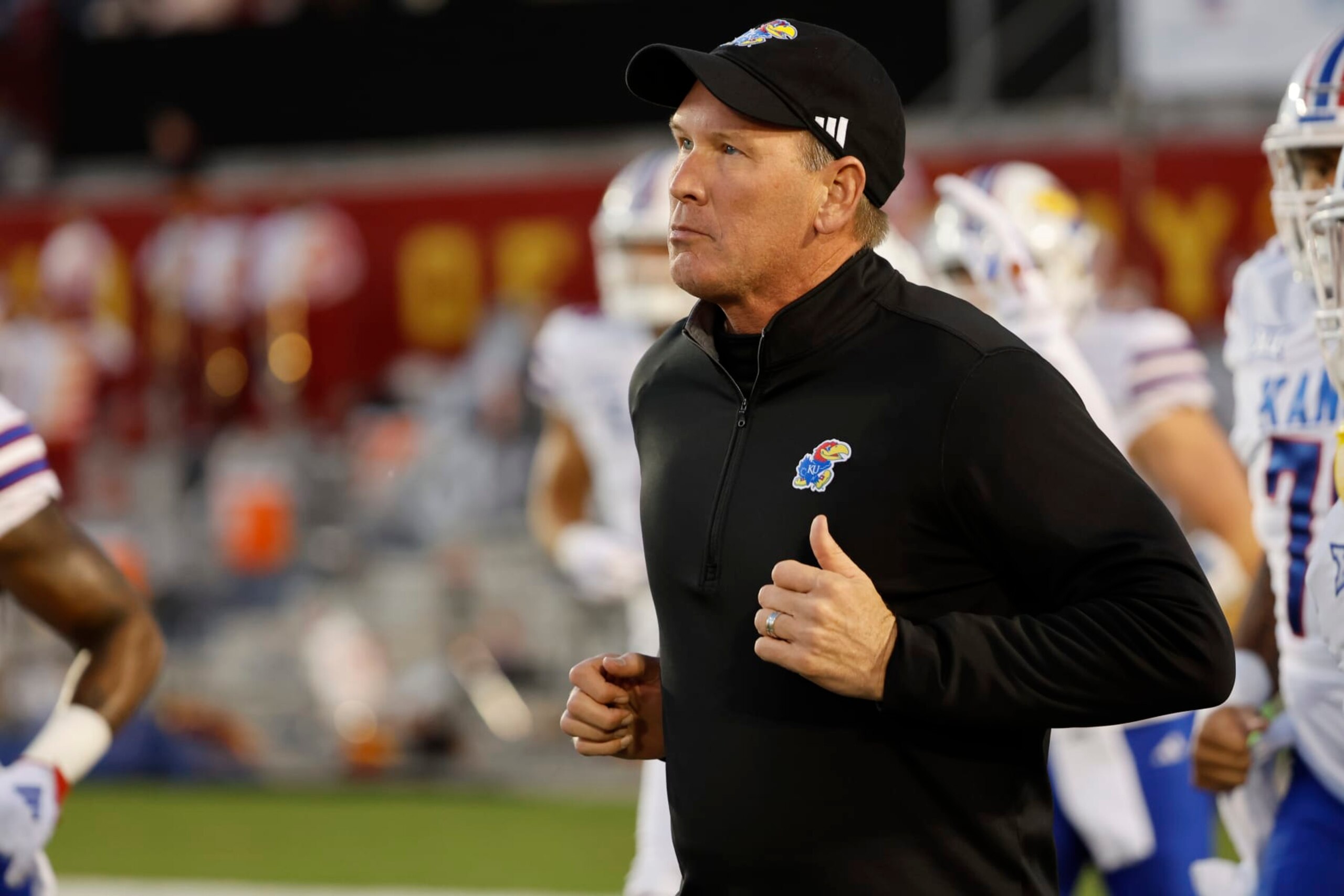 AMES, IA - NOVEMBER 4: Head coach Lance Leipold of the Kansas Jayhawks takes the field at Jack Trice Stadium on November 4, 2023 in Ames, Iowa. The Kansas Jayhawks won 28-21 over the Iowa State Cyclones. (Photo by David K Purdy/Getty Images)
