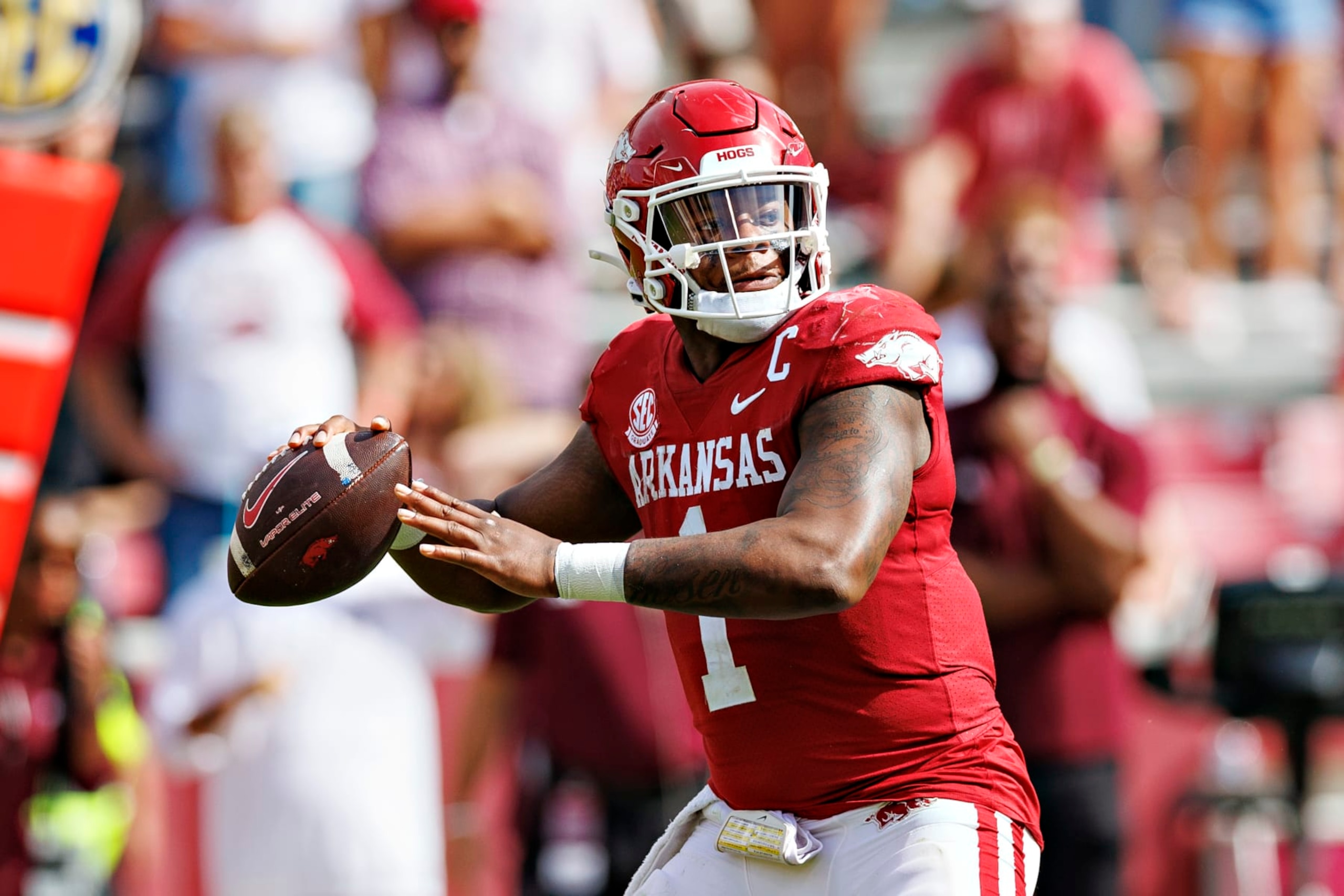 FAYETTEVILLE, ARKANSAS - OCTOBER 21:  K.J. Jefferson #1 of the Arkansas Razorbacks throws a pass during the game against the Mississippi State Bulldogs at Donald W. Reynolds Razorback Stadium on October 21, 2023 in Fayetteville, Arkansas. The Bulldogs defeated the Razorbacks 7-3. (Photo by Wesley Hitt/Getty Images)