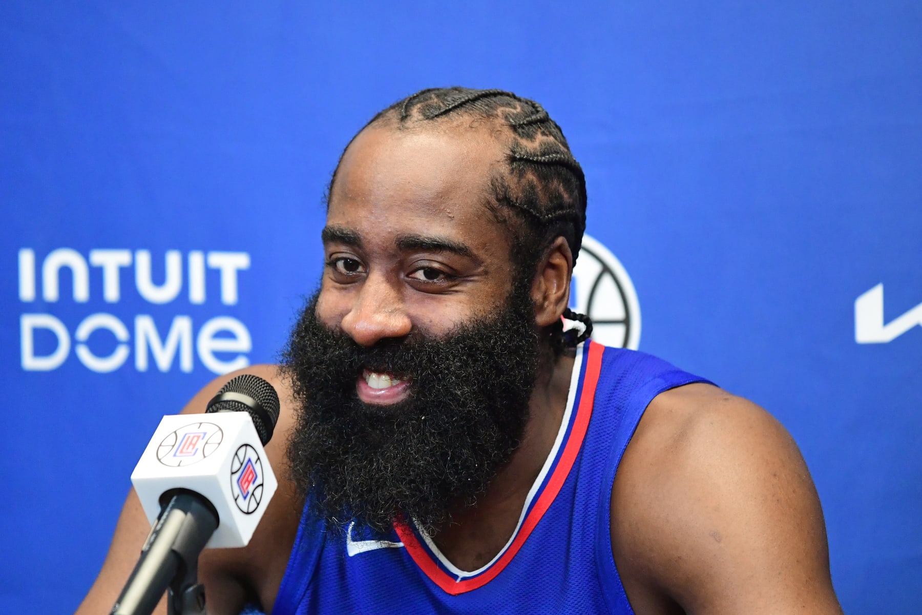 PLAYA VISTA, CA - NOVEMBER 02: James Harden #1 of the LA Clippers speaks to the media during a press conference at Honey Training Center on November 02, 2023 in Playa Vista, California. NOTE TO USER: User expressly acknowledges and agrees that, by downloading and/or using this Photograph, user is consenting to the terms and conditions of the Getty Images License Agreement. Mandatory Copyright Notice: Copyright 2023 NBAE (Photo by Adam Pantozzi/NBAE via Getty Images)